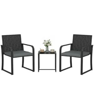 Outsunny Wicker Patio Furniture Bistro Set with Cushion Mesh Seat, Grey
