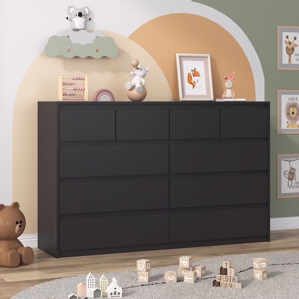 ChVans Black 9 Drawers Dresser with Charging Station, 63" Long Modern Dresser with 9 Drawers for Bedroom, Large Wood Chest of Drawers Handle Free, Dresser for Bedroom, Living Room, Hallway