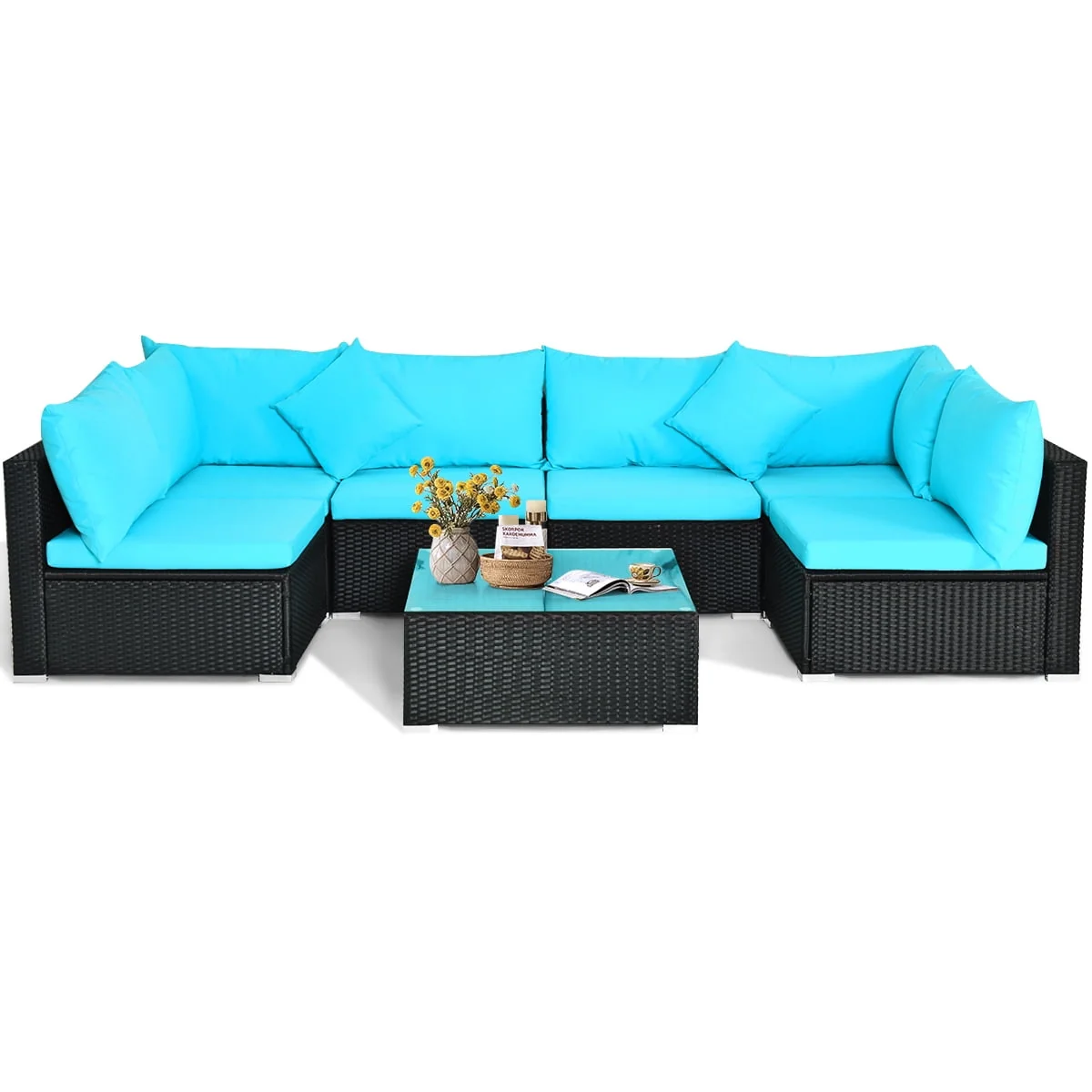 Patiojoy 7-Piece Patio PE Rattan Sectional Sofa Furniture Set Wicker Sofa Conversation Set Turquoise