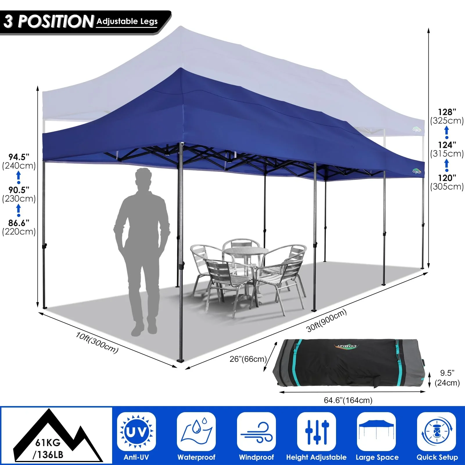 COBIZI 10x20 Heavy Duty Pop up Canopy Tent with 6 sidewalls Easy Up Commercial Outdoor Canopy Wedding Party Tent for Beach All Season Wind & Waterproof Gazebo with Roller Bag,Black(Frame Thickened)