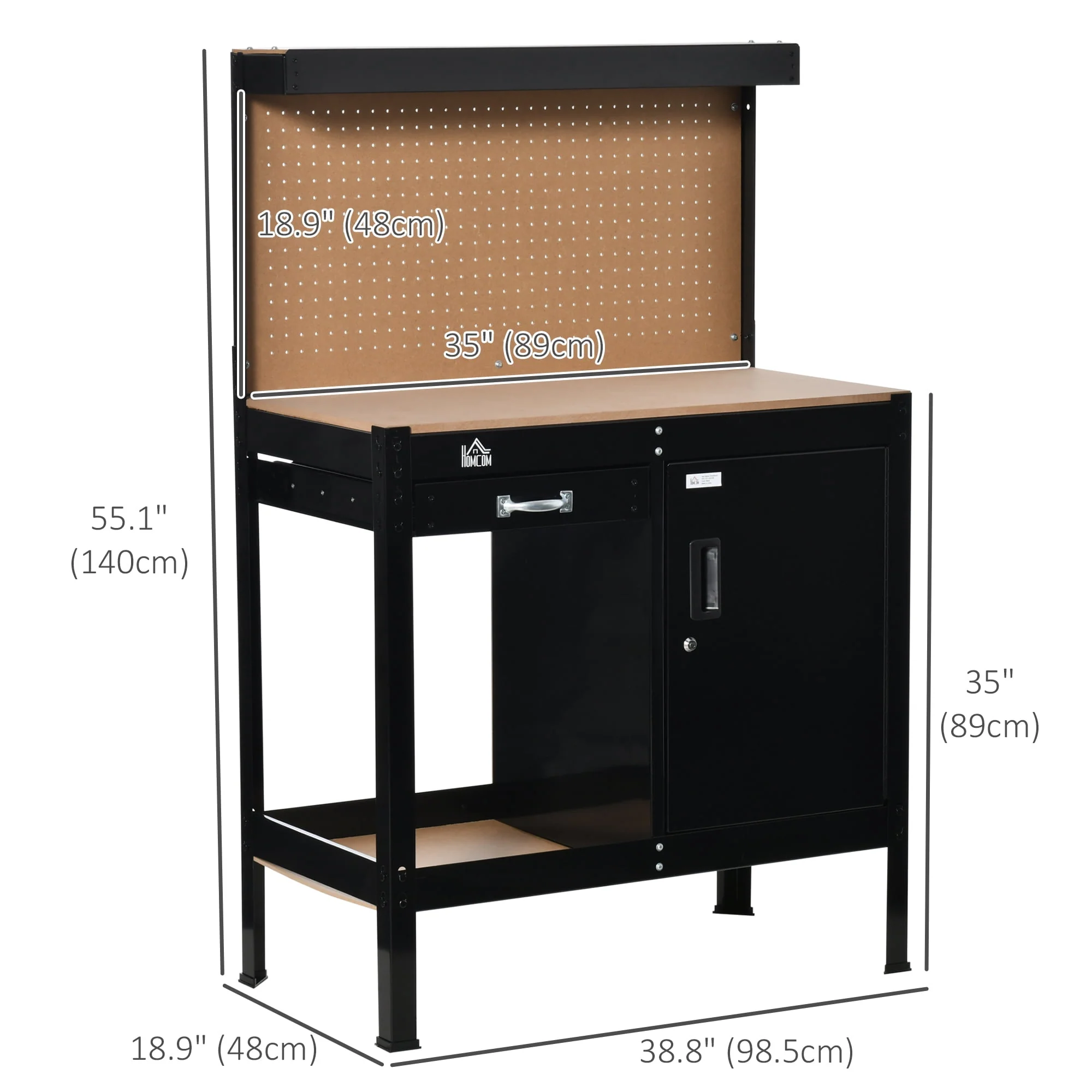 HOMCOM Garage Workbench with Storage Drawer, Peg Board, Lockable Cabinet