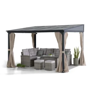 Sunjoy Outdoor Wall Mounted Gazebo 10ft. x 12ft. ,Metal Frame with Polycarbonate Roof, Black Aluminum & Metal Lean-To Gazebo with Curtains and Netting