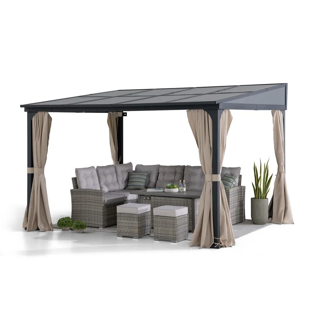 Sunjoy Outdoor Wall Mounted Gazebo 10ft. x 12ft. ,Metal Frame with Polycarbonate Roof, Black Aluminum & Metal Lean-To Gazebo with Curtains and Netting