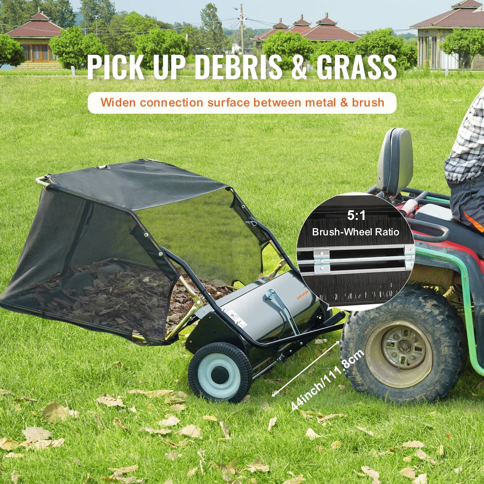 VEVOR Tow Behind Lawn Sweeper, 44 in Pull Behind Lawn Sweeper, 25 cu. ft Large Capacity Leaf & Grass Collector, Heavy Duty Garden Sweeper with Adjustable Sweeping Height for Yard, Lawn, Farm