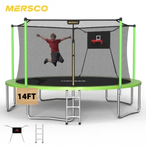 Mersco 14FT Trampoline PLAY Heavy Duty Outdoor Trampoline for Kids, Backyard Trampoline with Safety Enclosure Net, Basketball Hoop and Ladder for Family Fun,Safe Internal Net Design