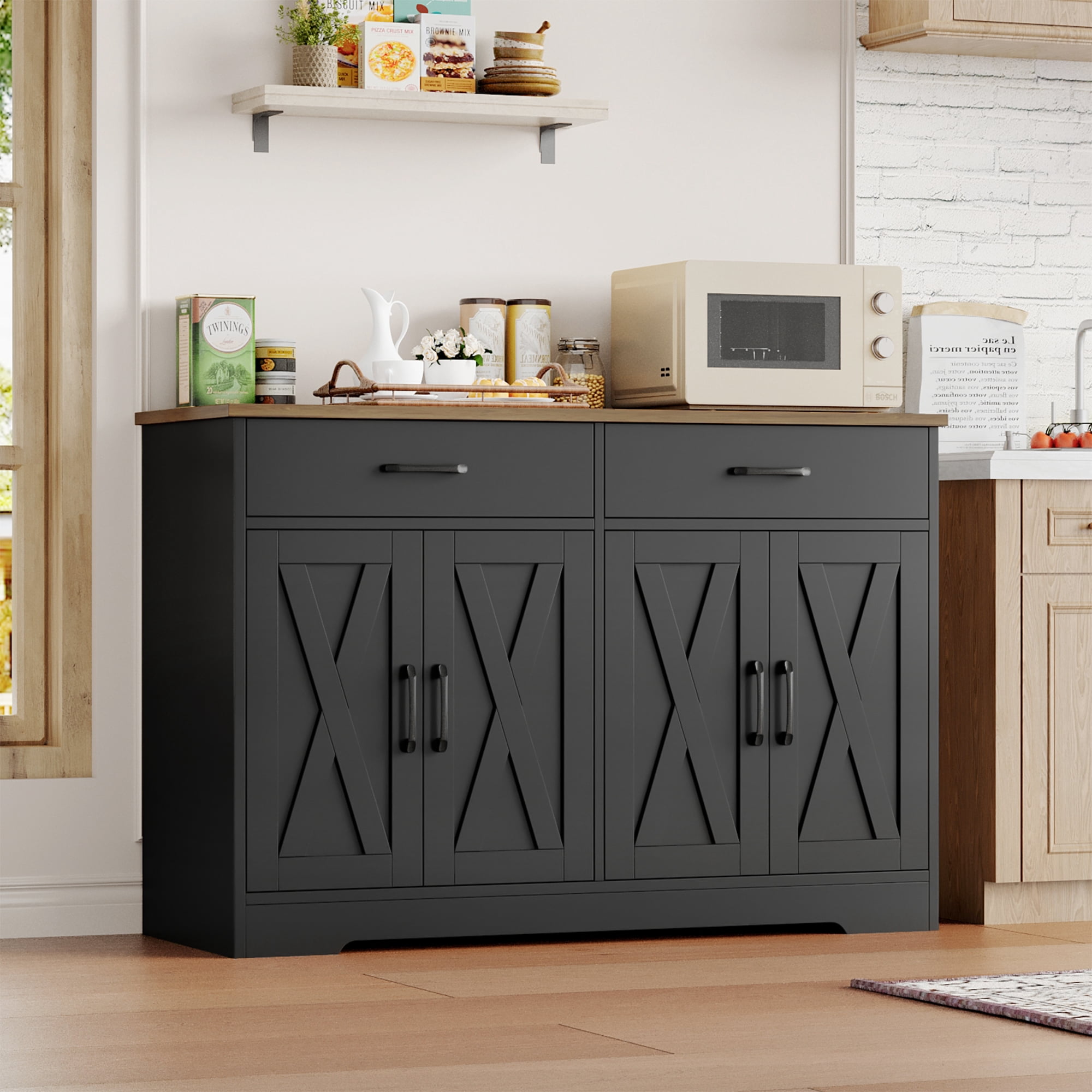 Hiphuta 47"Farmhouse Sideboard Storage Cabinets with 4 Doors & 2 Drawers, Coffee Bar with Brown Top for Living Room