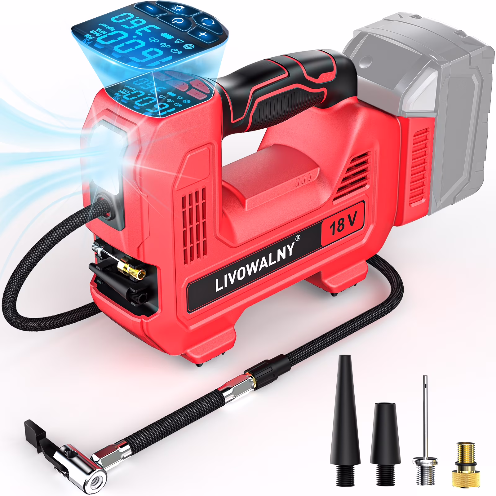 Cordless Digital Tire Inflator with LCD and Multiple Nozzles Tire Inflator for Milwaukee M18 Battery, Portable Air Compressor Auto Tire Pump(Tool Only, NO Battery)