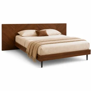 Modern Walnut Platform Bed with Floating Nightstands and Chevron Headboard