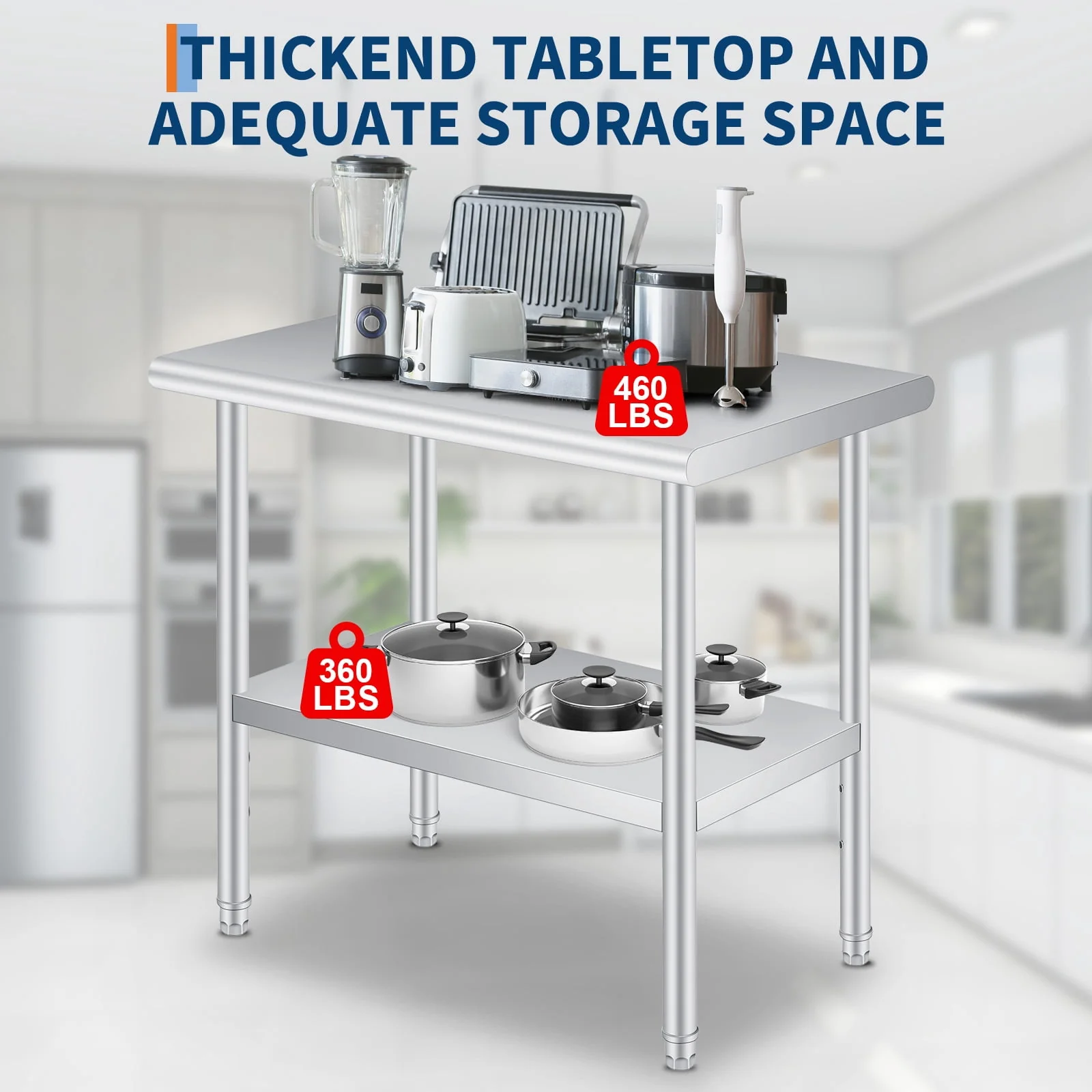 Heavy Duty Stainless Steel Outdoor Kitchen Storage Table –Commercial Prep Work Table with Adjustable Undershelf, Backsplash, Rounded Corners, Rust Resistant, NSF Certified