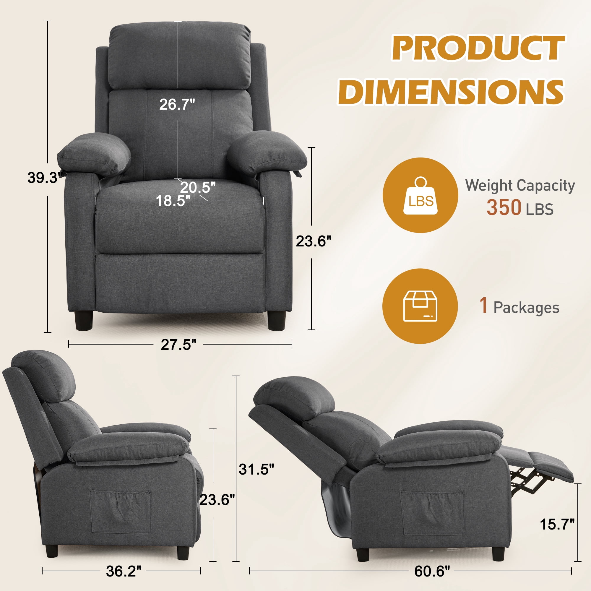 Korser Manual Push Back Recliner Chair with Side Pockets,Recliner Chairs for Adults for Living Room,Small Recliners for Small Spaces,Linen