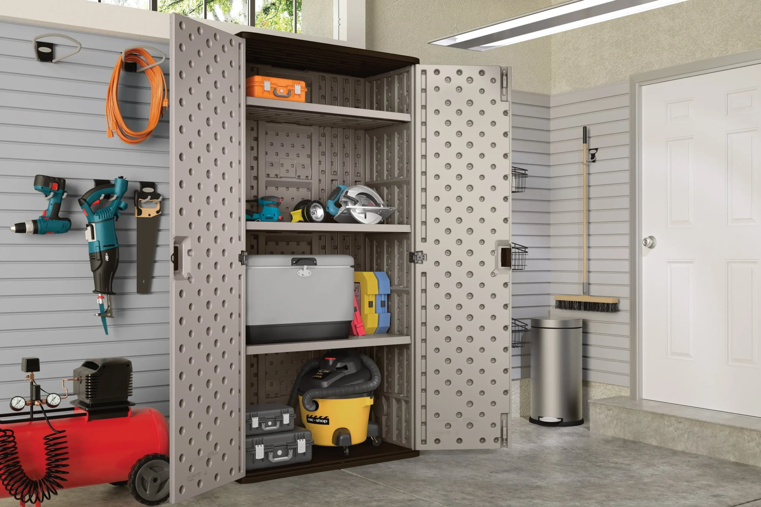 Suncast Mega Tall Resin Outdoor Storage Cabinet with 3 Shelves, Platinum Metallic
