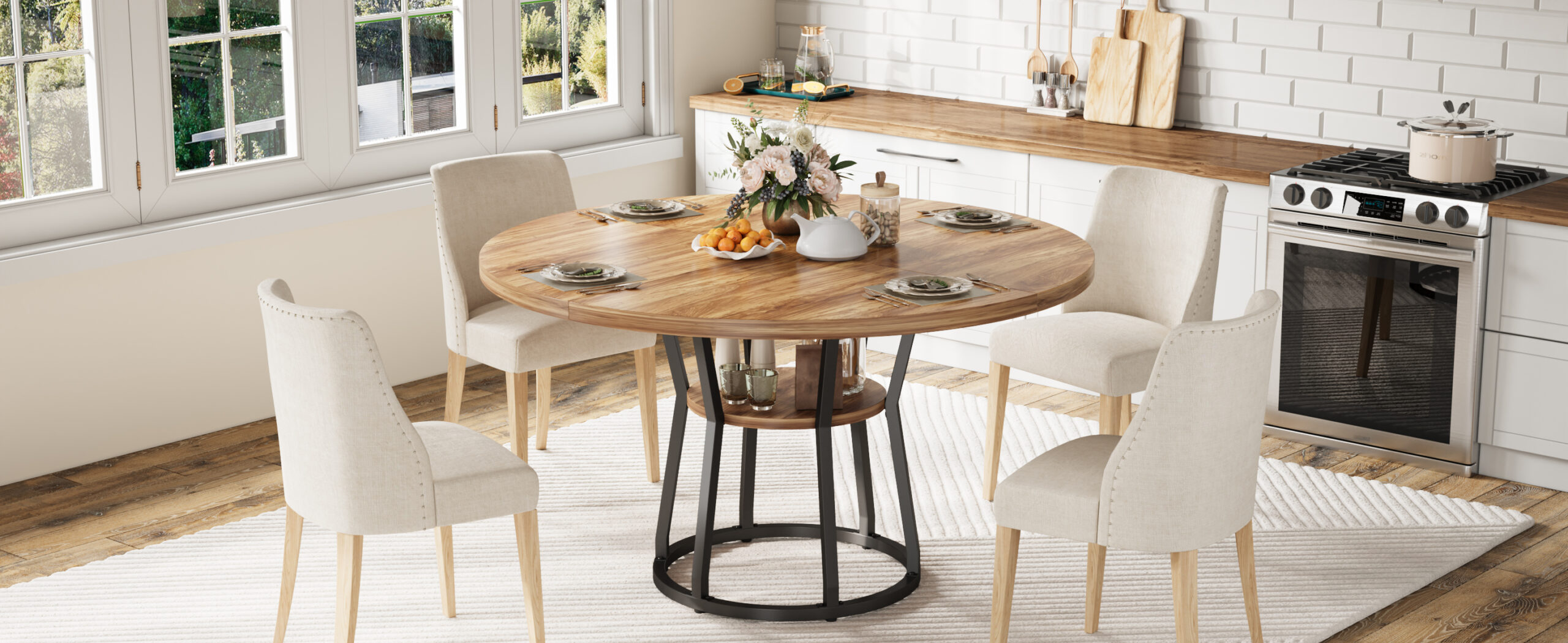 Space-Saving Round Dining Table for 4-6 – Farmhouse Kitchen Table with Storage Shelf – Sturdy Wood Top & Metal Cross Base – Suits Dining Room, Kitchen, Apartment, Chairs Excluded