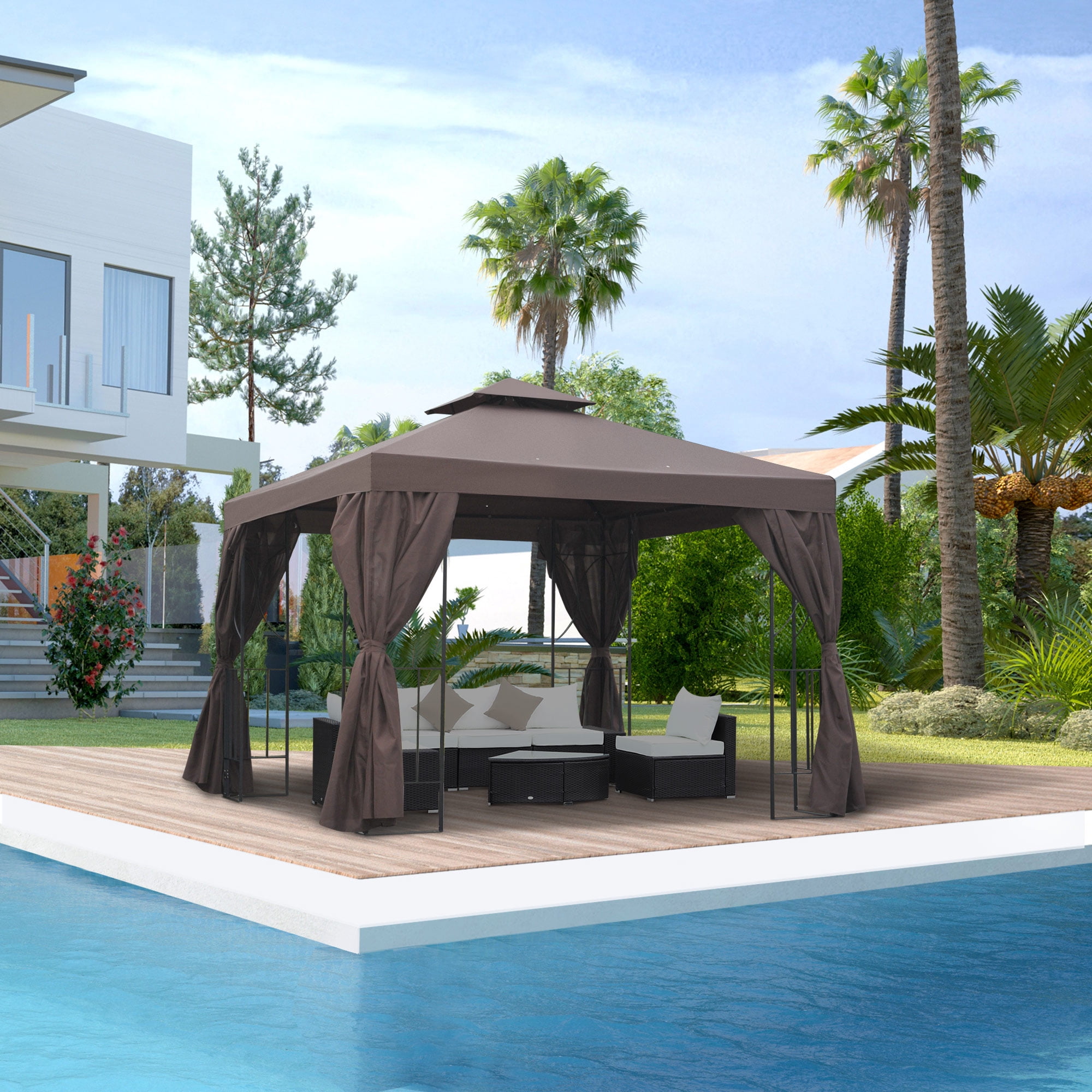 Outsunny 10' x 10' Patio Gazebo Outdoor, Canopy Shelter with Double-tier Roof, Pavilion Sidewalls for Garden Events