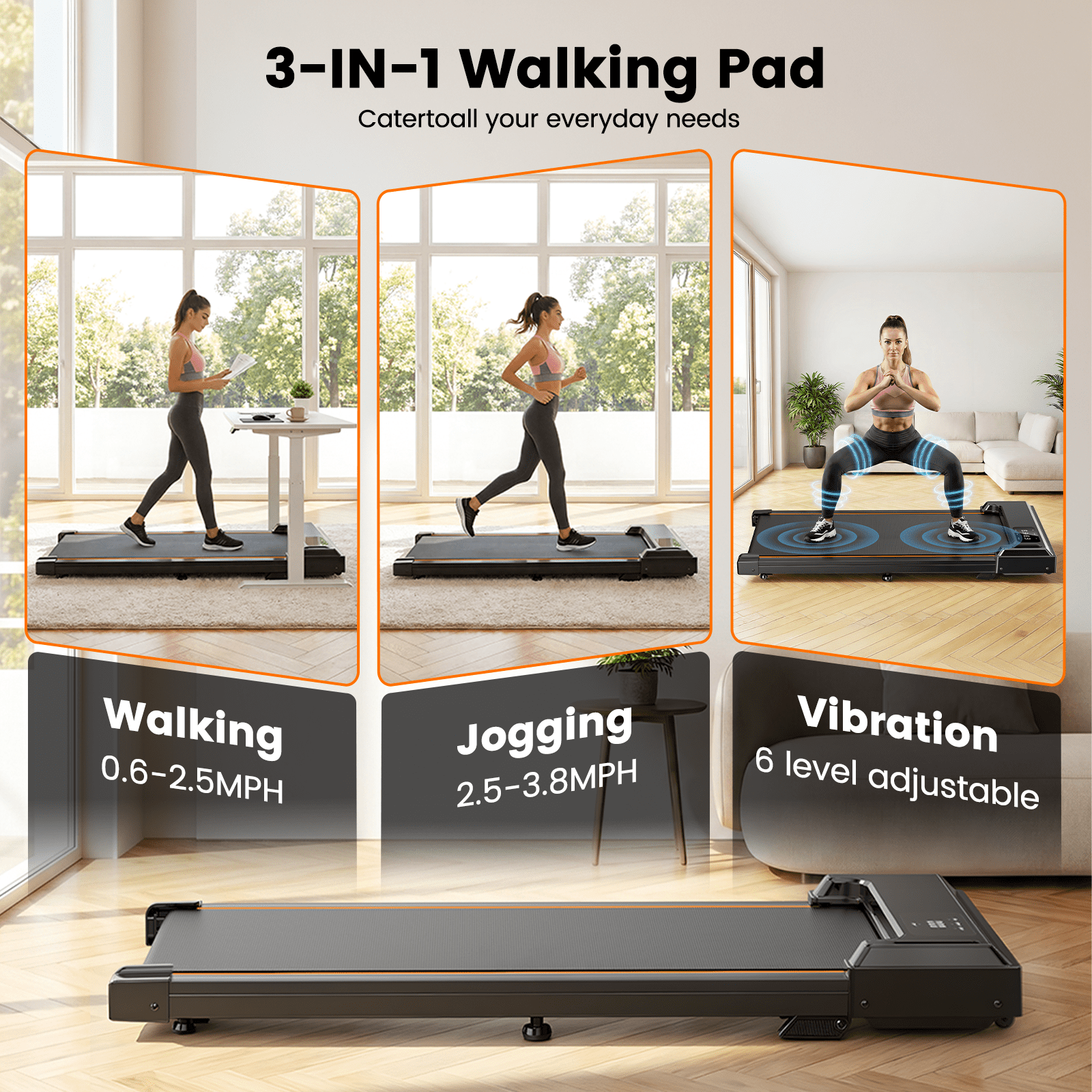 Walking Pad with Vibration Pad, Under Desk Treadmill, 2.5HP 3.8MPH Fitness Jogging Machine, 12% Incline, with Remote Patbrela LED Display for Home