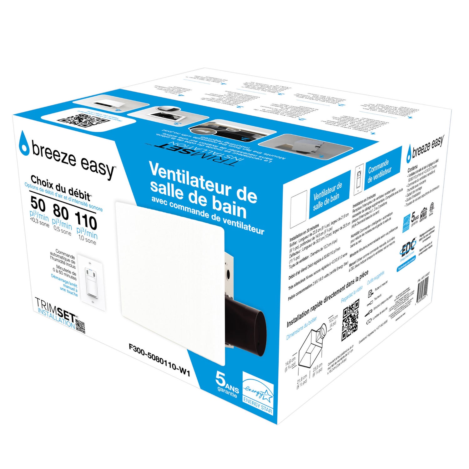 Dewstop Selectable 50-80-110 CFM Bathroom Exhaust Fan with Humidity Sensing Switch