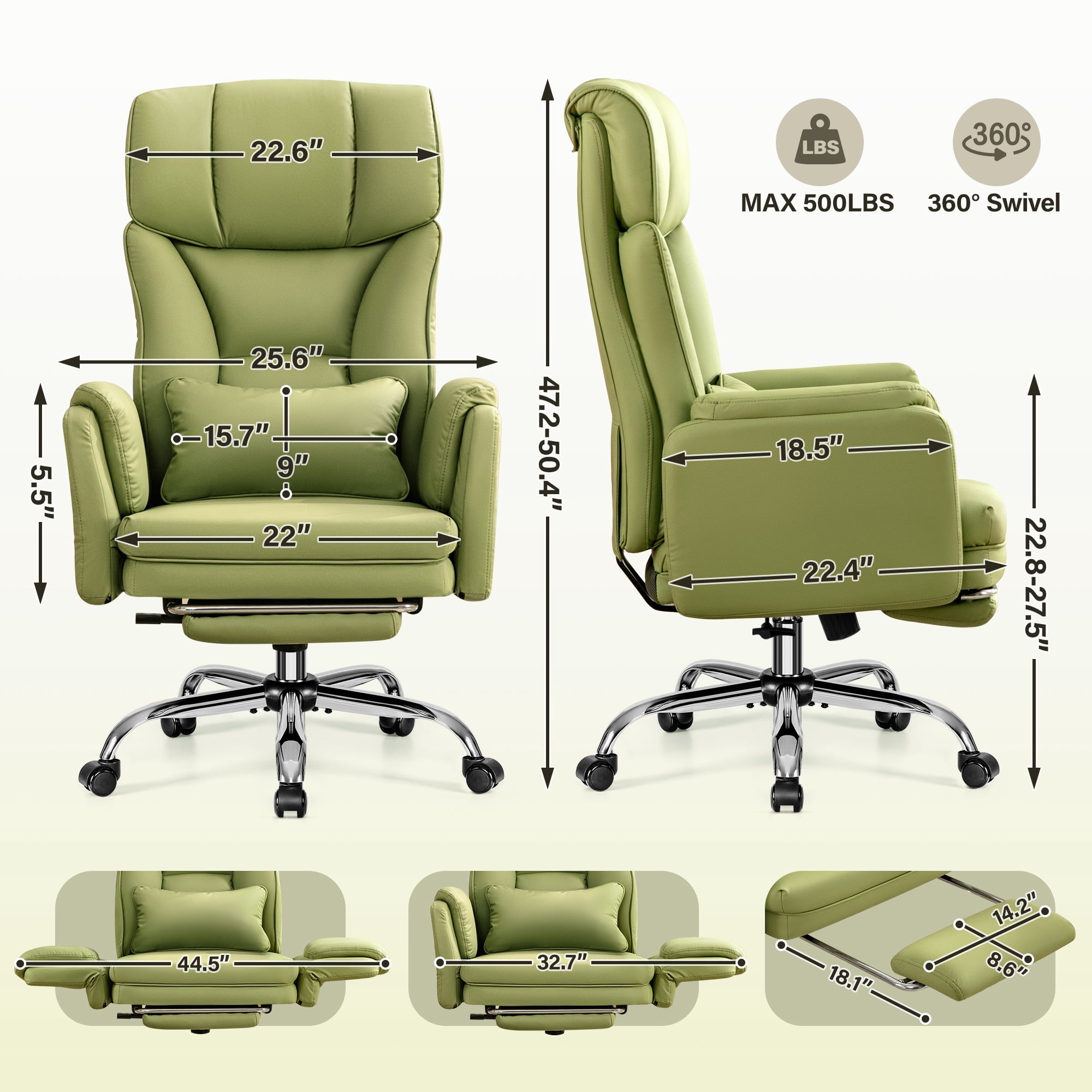 COOLHUT 500lbs Big and Tall Ergonomic Office Chair, High Back PU Leather Executive Chair with Expandable Arms, Footrest & Lumbar Pillow, Wide Seat Cushioned Computer Chair for Extra Space