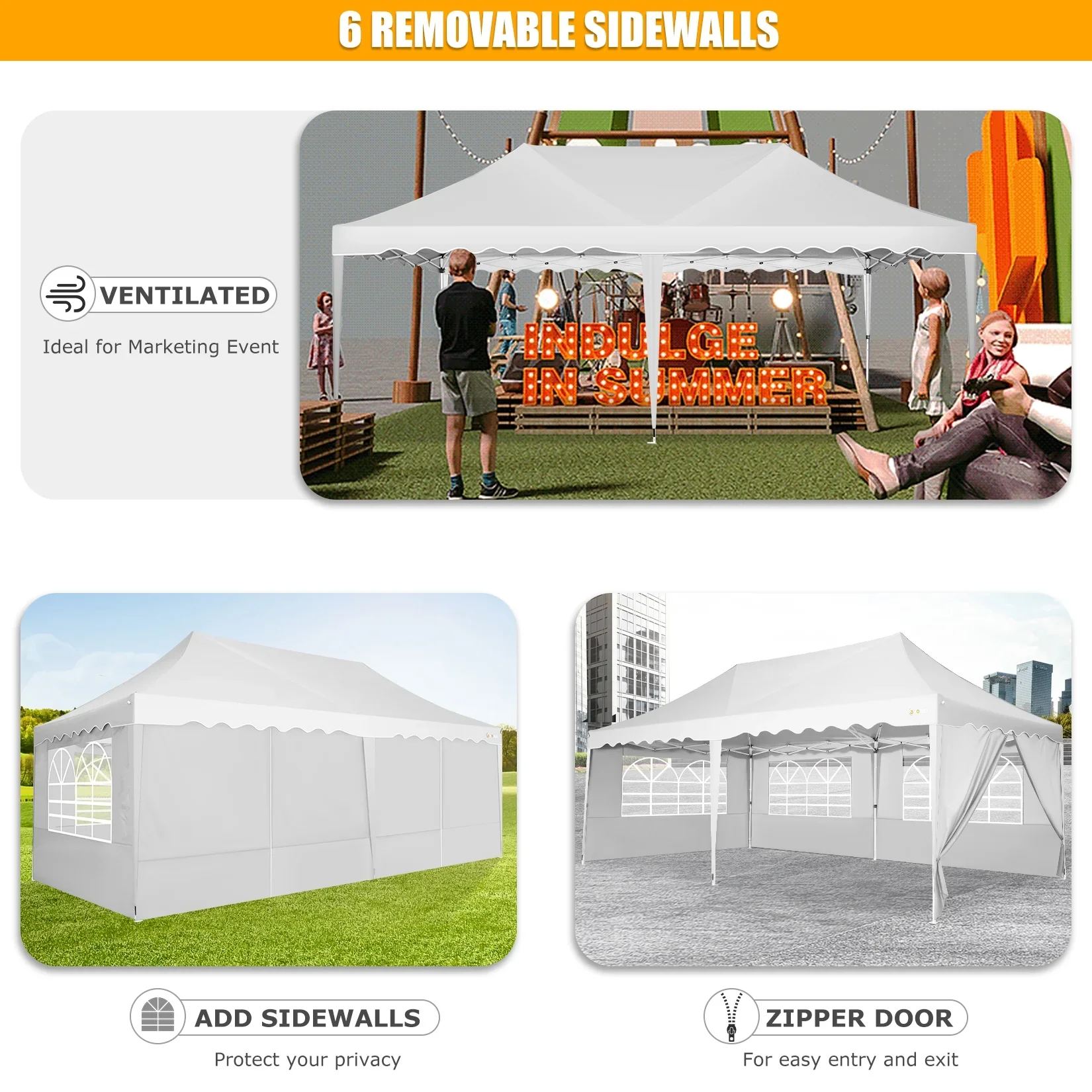 COBIZI 10X20 Pop up Canopy Tent with 6 Removable Side Walls Heavy Duty,Waterproof Adjustable Outdoor Event Party tent Parties,Commercial Instant Portable,Weddings,Camping,with Wheeled Bag,Gray