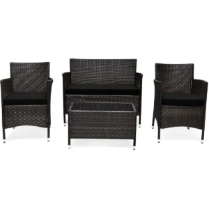 Patiojoy 4PCS Patio Rattan Wicker Furniture Set Sofa Chair Table Set W/ Cushions