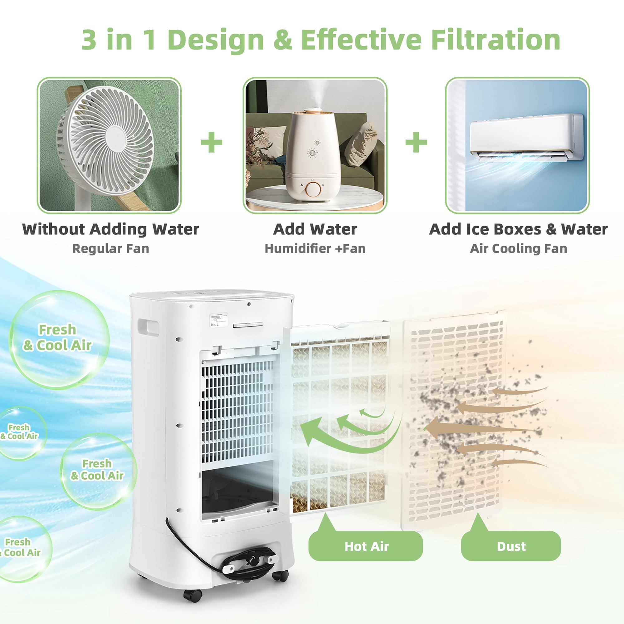 Costway 4-in-1 Evaporative Air Cooler Portable Humidifier with Timer, 3 Modes & Speeds