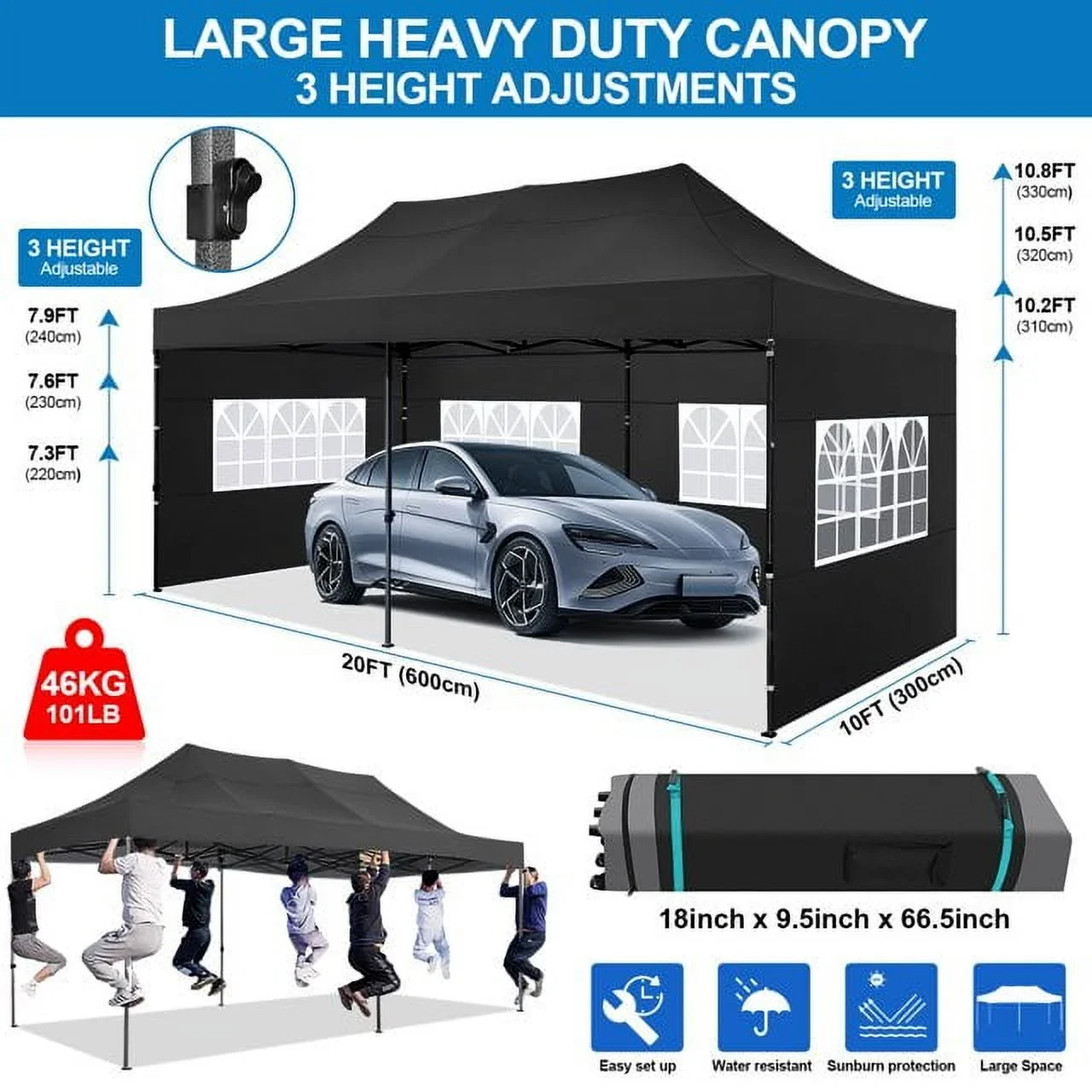 SANOPY 10'x20' Pop Up Canopy Waterproof Folding Tent Outdoor Easy Set-up Instant Tent Heavy Duty Commercial Wedding Party Shelter with 6 Removable Sidewalls, 4 Sandbags, Roller Bag, Black