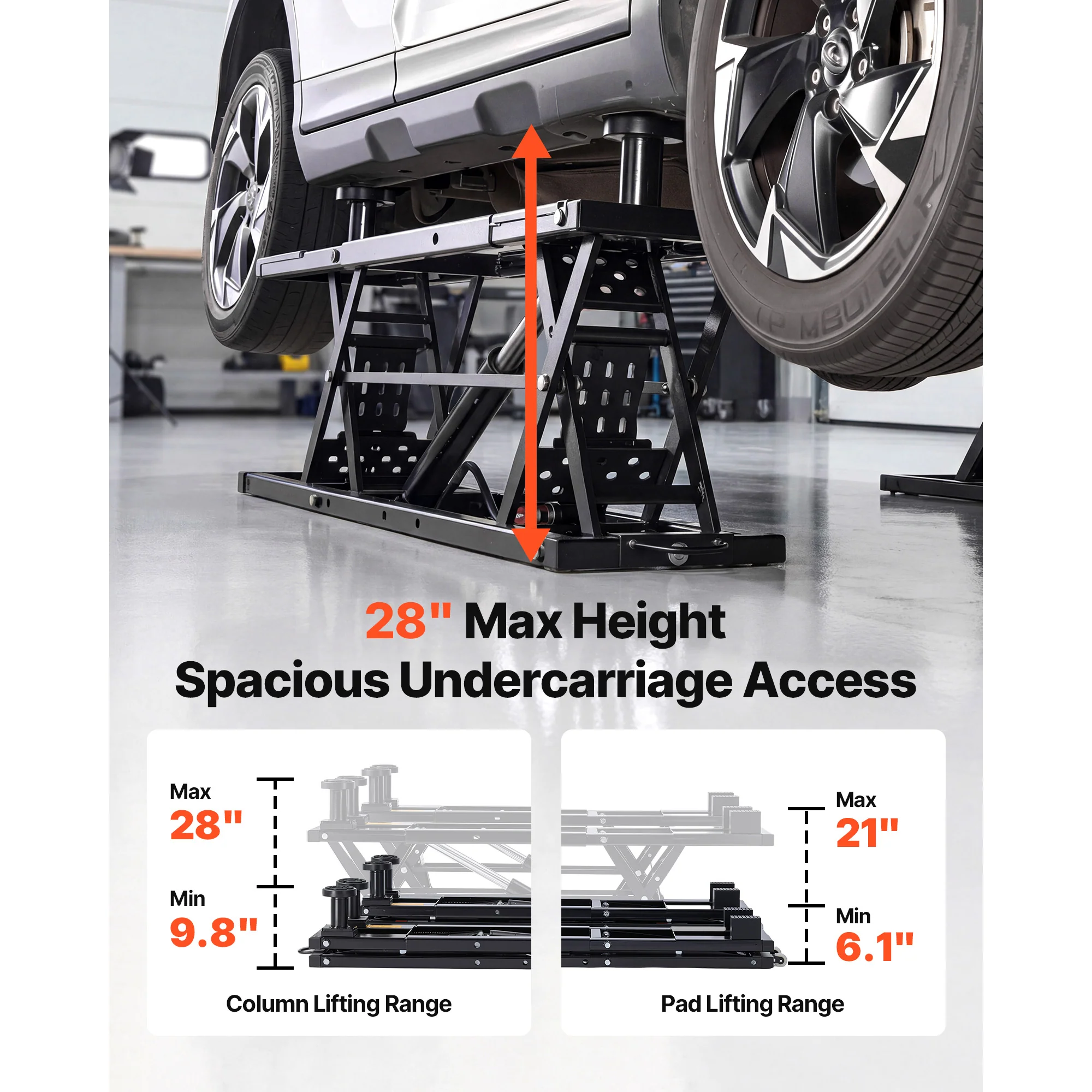KFFKFF Portable Car Lift, 9000 lbs Capacity, Heavy Duty Steel Truck Lift with 28" Max Height, 120V Power Unit, Wheels, 4 Rubber Pads