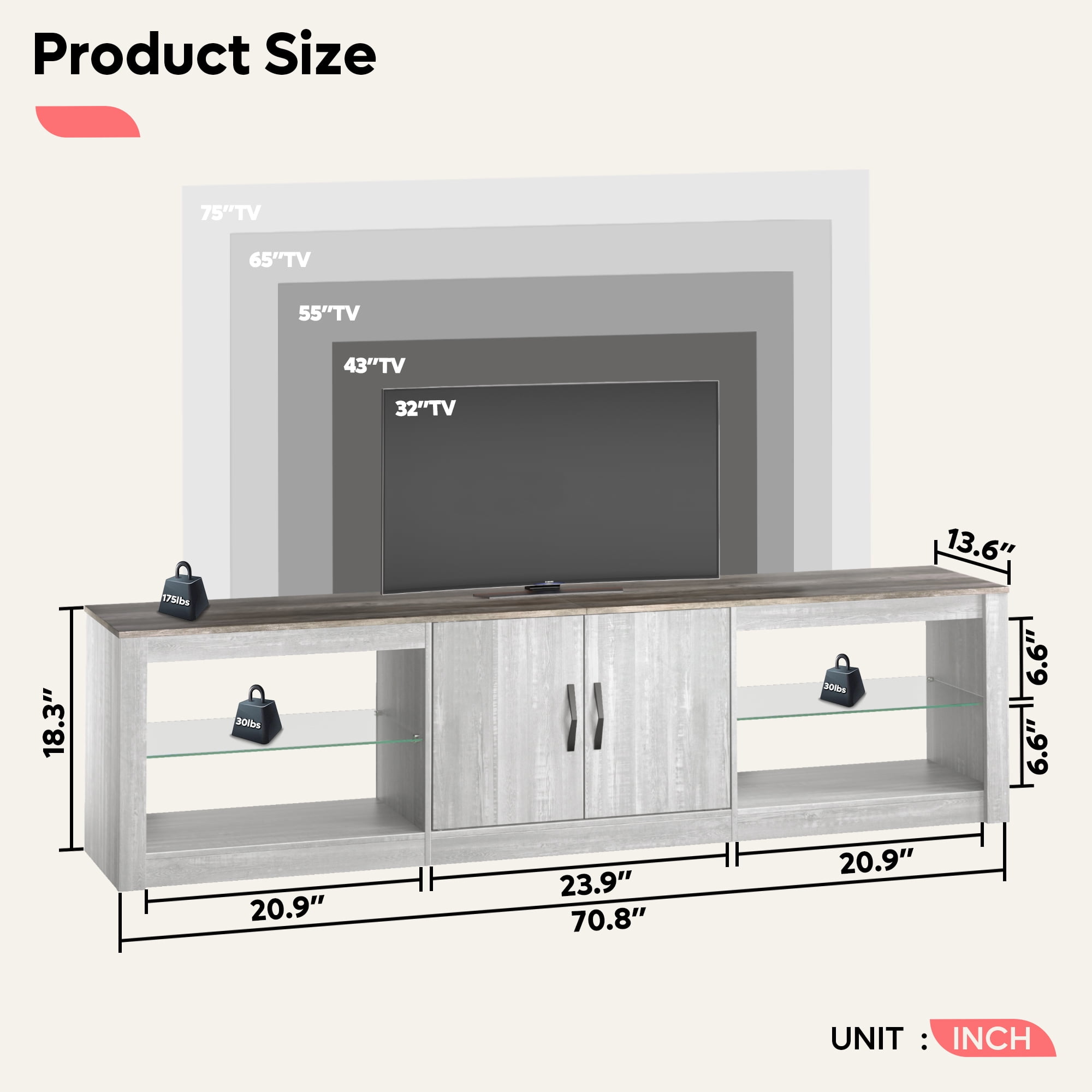 Bestier 70" Modern LED TV Stand for TVs up to 75" TV Cabinet for Living Room