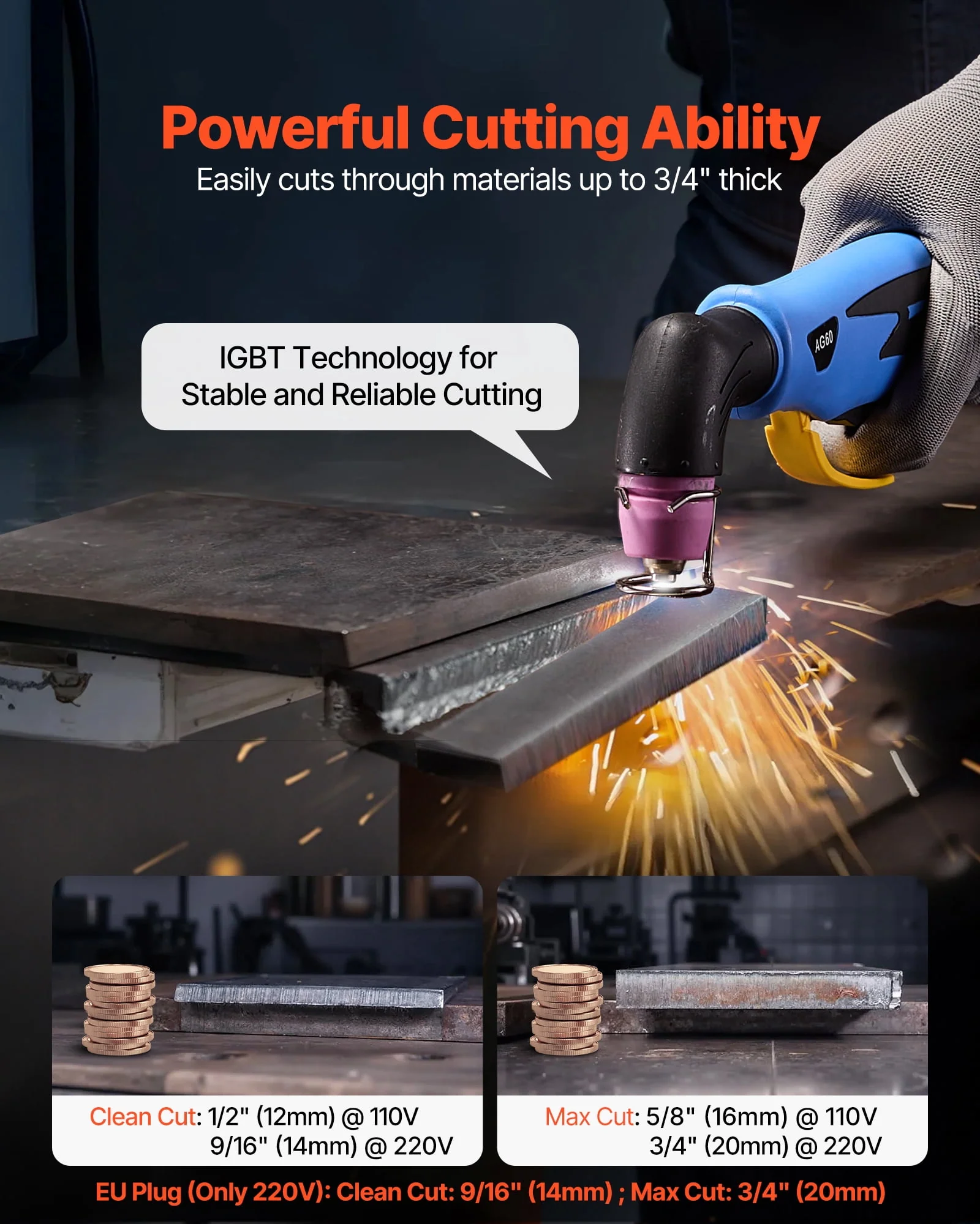 VEVOR Plasma Cutter, 65A Non-Touch Pilot Arc Plasma Cutting Machine, 110V/220V Dual Voltage Digital Display IGBT Inverter - with 2T/4T Function & Adjustable PA/PT Time
