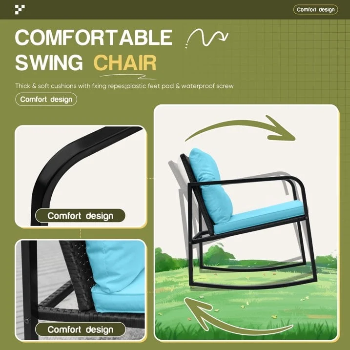 Homall 3 Pieces Outdoor Rocking Chair Furniture Sets Modern Patio Furniture Set Rocking Wicker Bistro Sets Cushioned PE Rattan Chairs Conversation Sets with Glass Coffee Table,Blue
