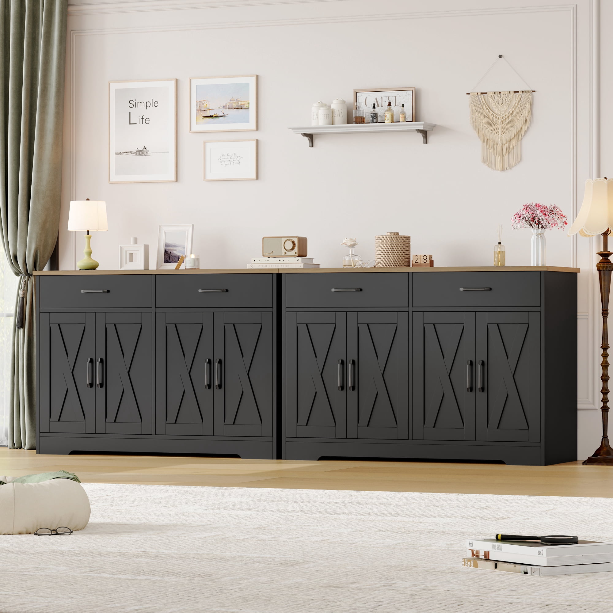 Hiphuta 47"Farmhouse Sideboard Storage Cabinets with 4 Doors & 2 Drawers, Coffee Bar with Brown Top for Living Room