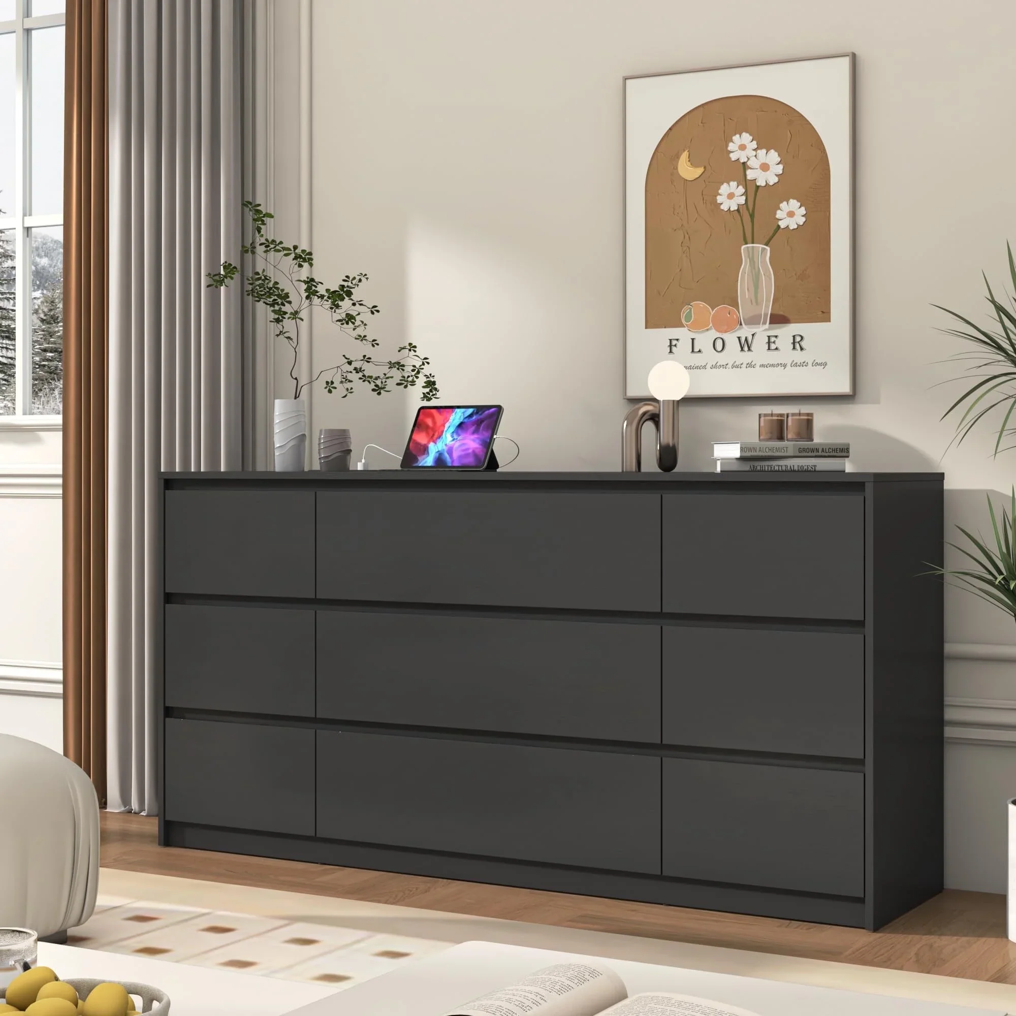 ChVans Black 9 Drawers Dresser with Charging Station, 63" Long Modern Dresser with 9 Drawers for Bedroom, Large Wood Chest of Drawers Handle Free, Dresser for Bedroom, Living Room, Hallway