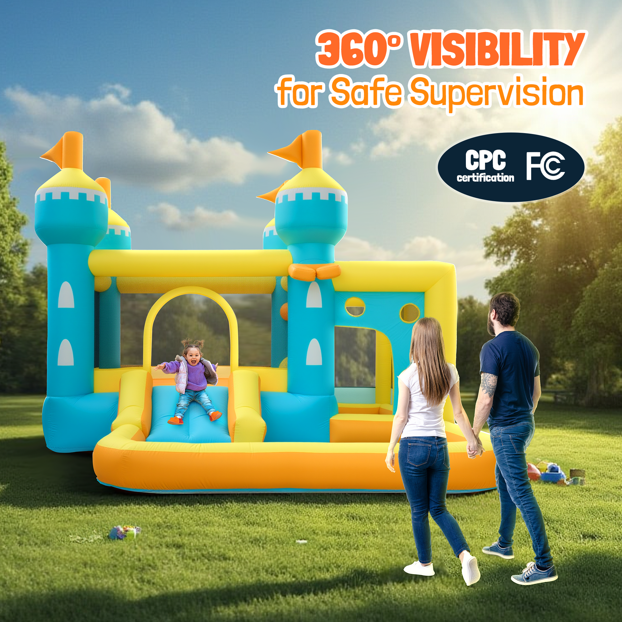 Entil Inflatable Bounce House with 5-in-1 Play Zones, Inflatable Castle Gift with Slide & Pool, FCC & CPC Certified, Blue/Yellow