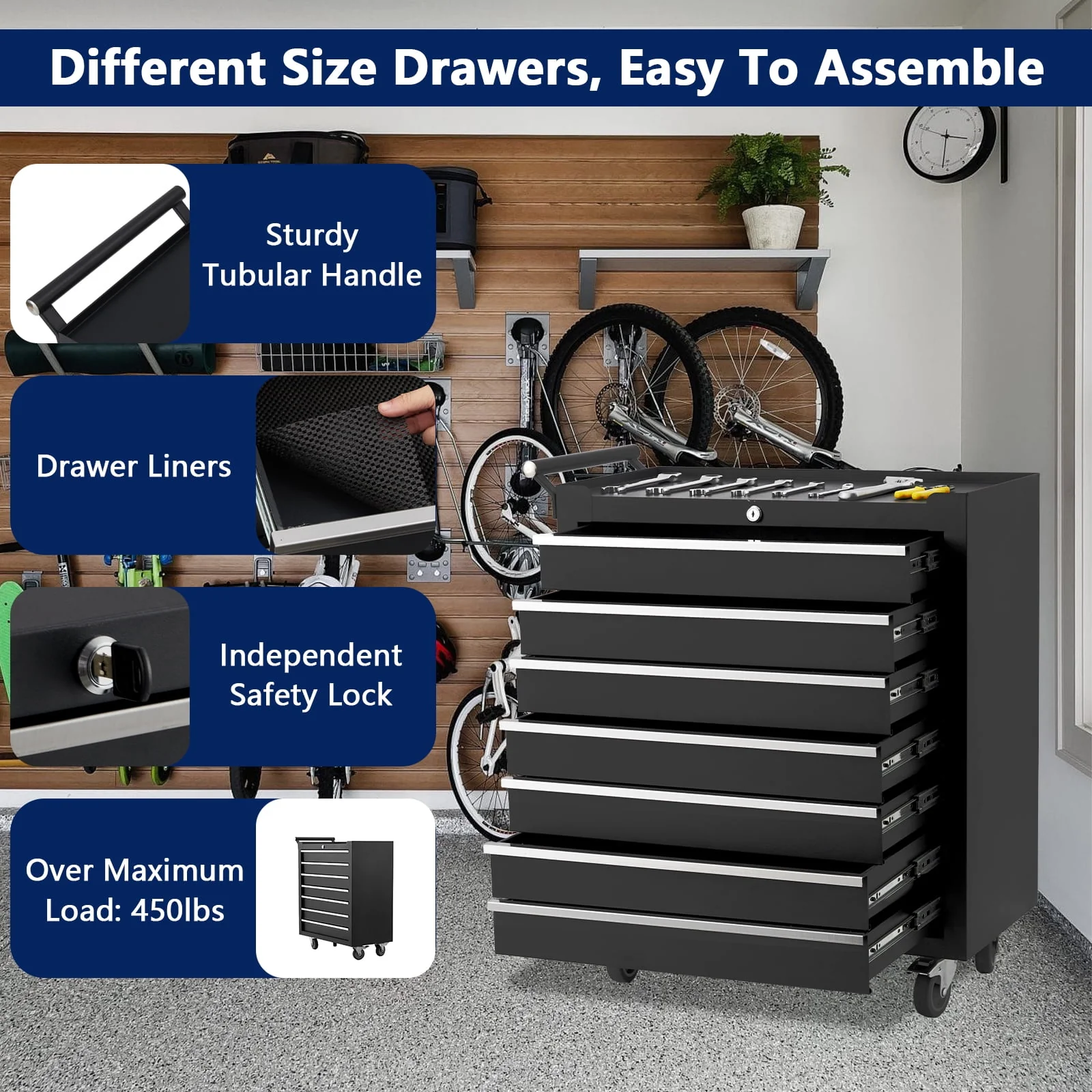 Rolling Tool Chest, 5-Drawers Metal Tool Box Organizer w/Auto Locking System & Lockable Wheels, Sliding Drawers