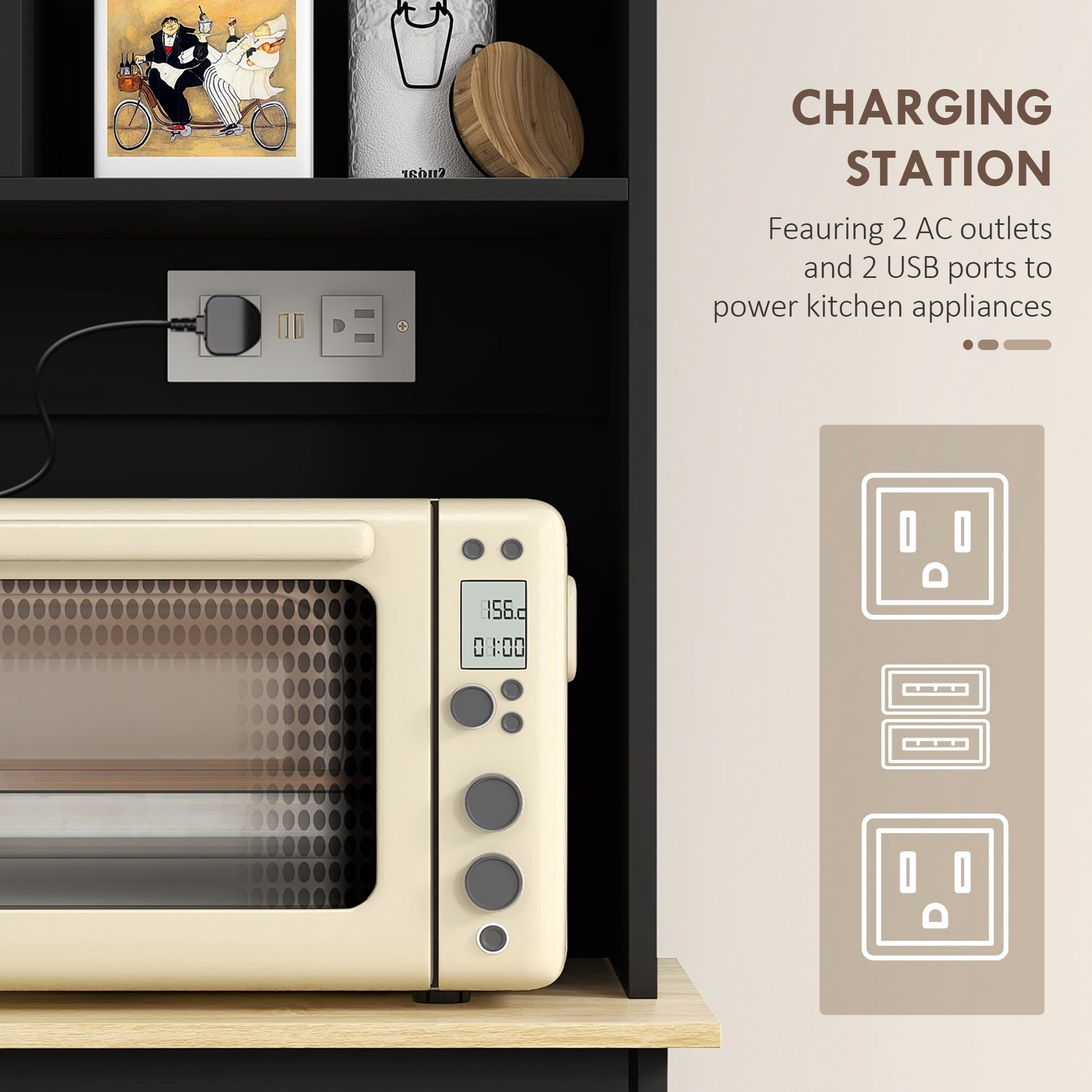 HOMCOM Kitchen Pantry Cabinet, Storage Cabinet w/ Charging Station