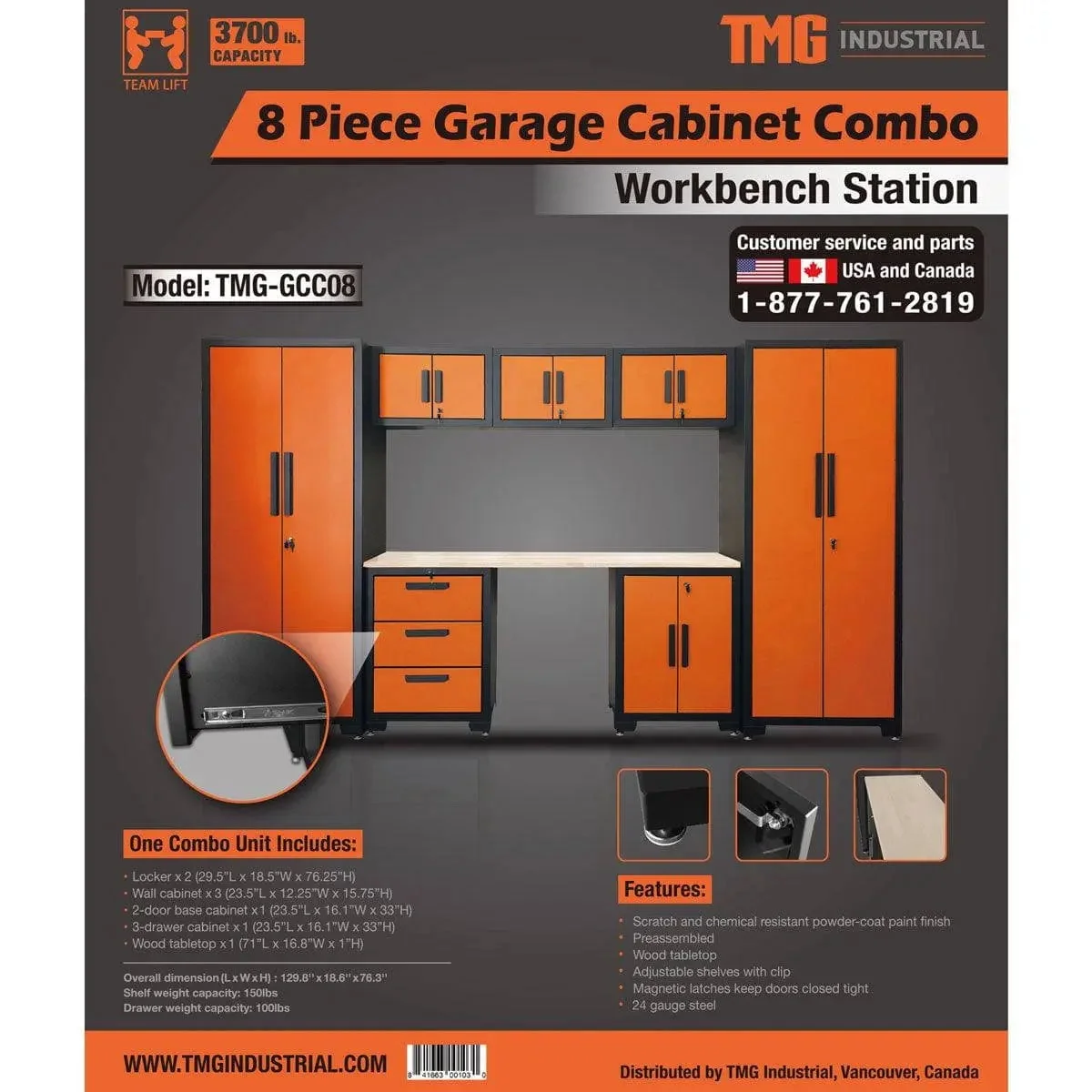 TMG Industrial 8-Piece Garage Storage Cabinet Combo Set, Fully-Welded, Pre-Sealed Wooden Tabletop, Workbench Station, Lockers, Adjustable Levelling, Matte Black Powder Coated Finish