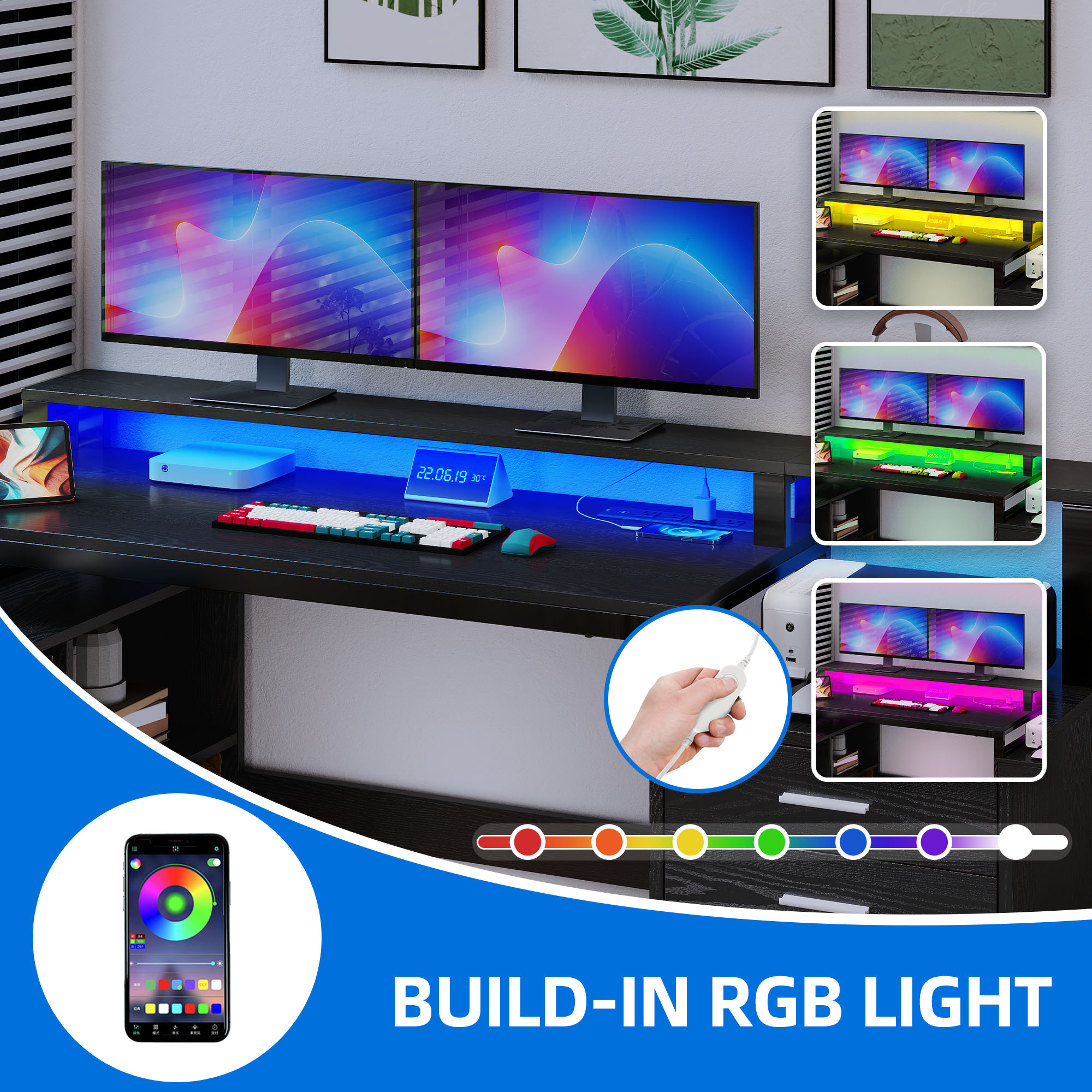 DEXTRUS 65" L Shaped Desk with Power Outlets, Monitor Stand, LED Light, File Cabinet, 3 Drawers, 4 Shelves