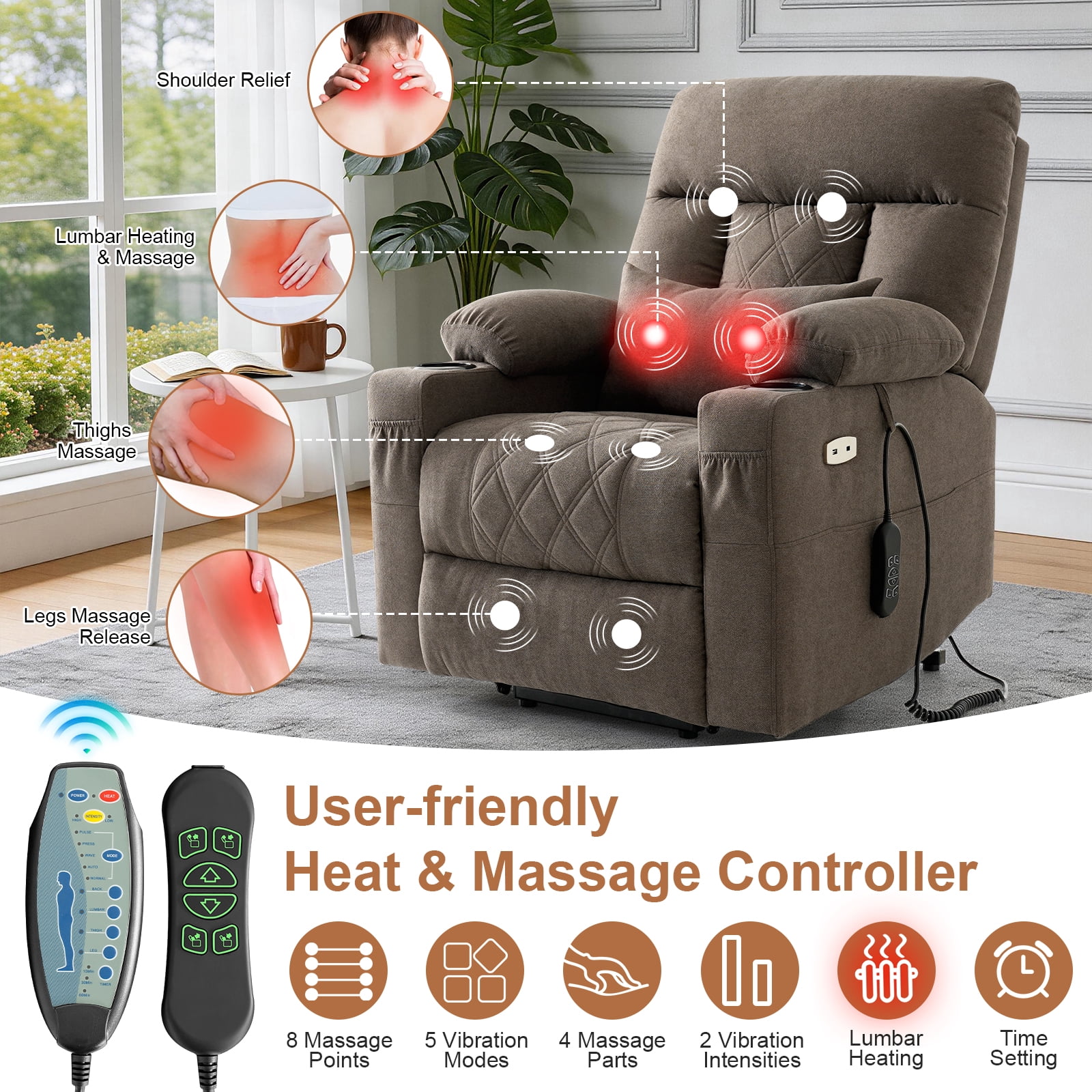 TEKAMON Power Lift Recliner Chair for Elderly - Adjustable Headrest, Three Motor, Infinite Positions, Built-in Massage and Heating, USB Ports, Cup Holders