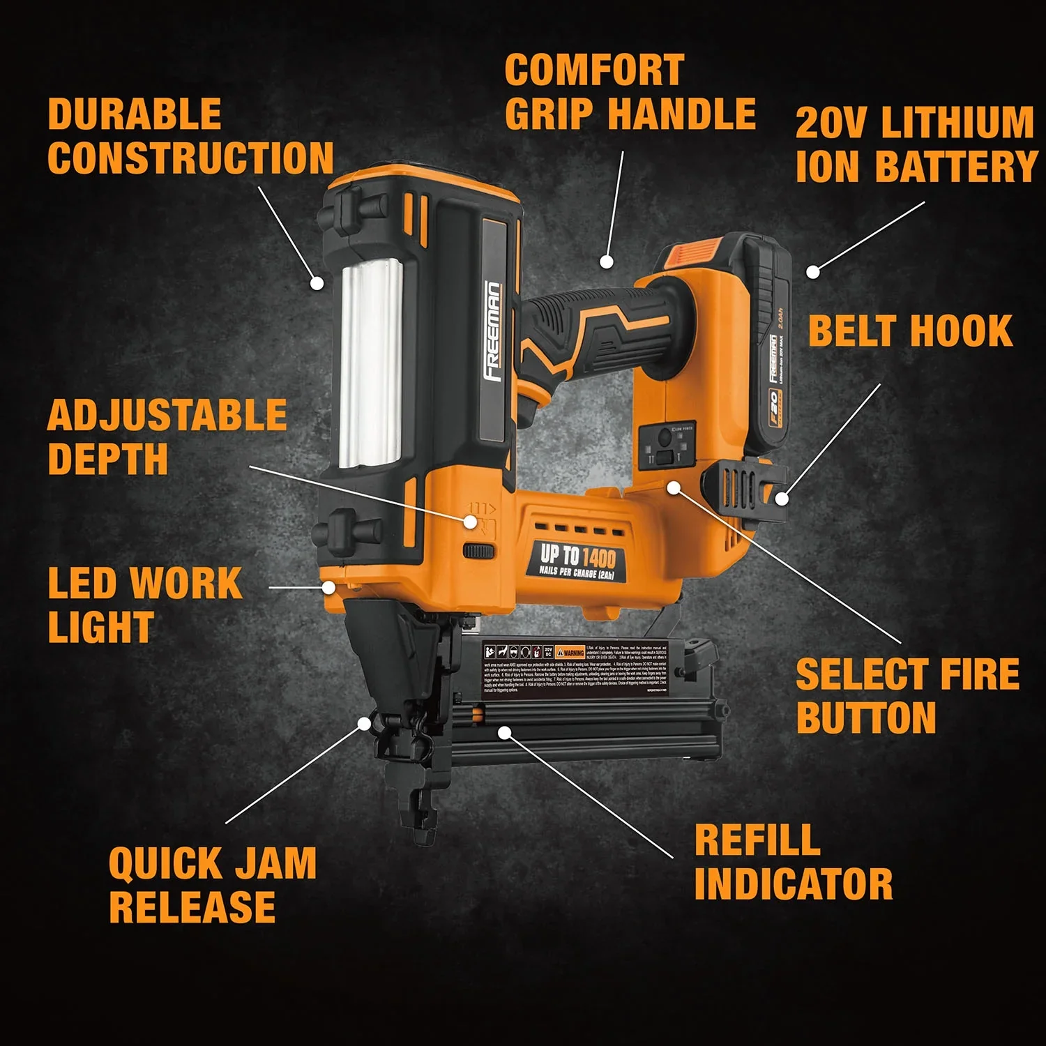 Freeman PE20V2118G2 20 Volt Cordless 2-in-1 18-Gauge Nailer / Stapler Kit with Lithium Ion Battery, Charger, Bag, and Fasteners (400 Count) -C 1400 Shots per Charge