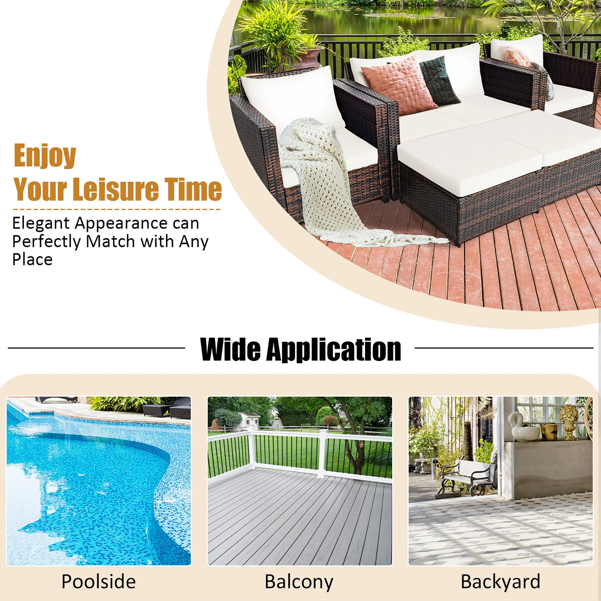 Costway 5PCS Patio Rattan Furniture Set Loveseat Sofa Ottoman Cushioned White