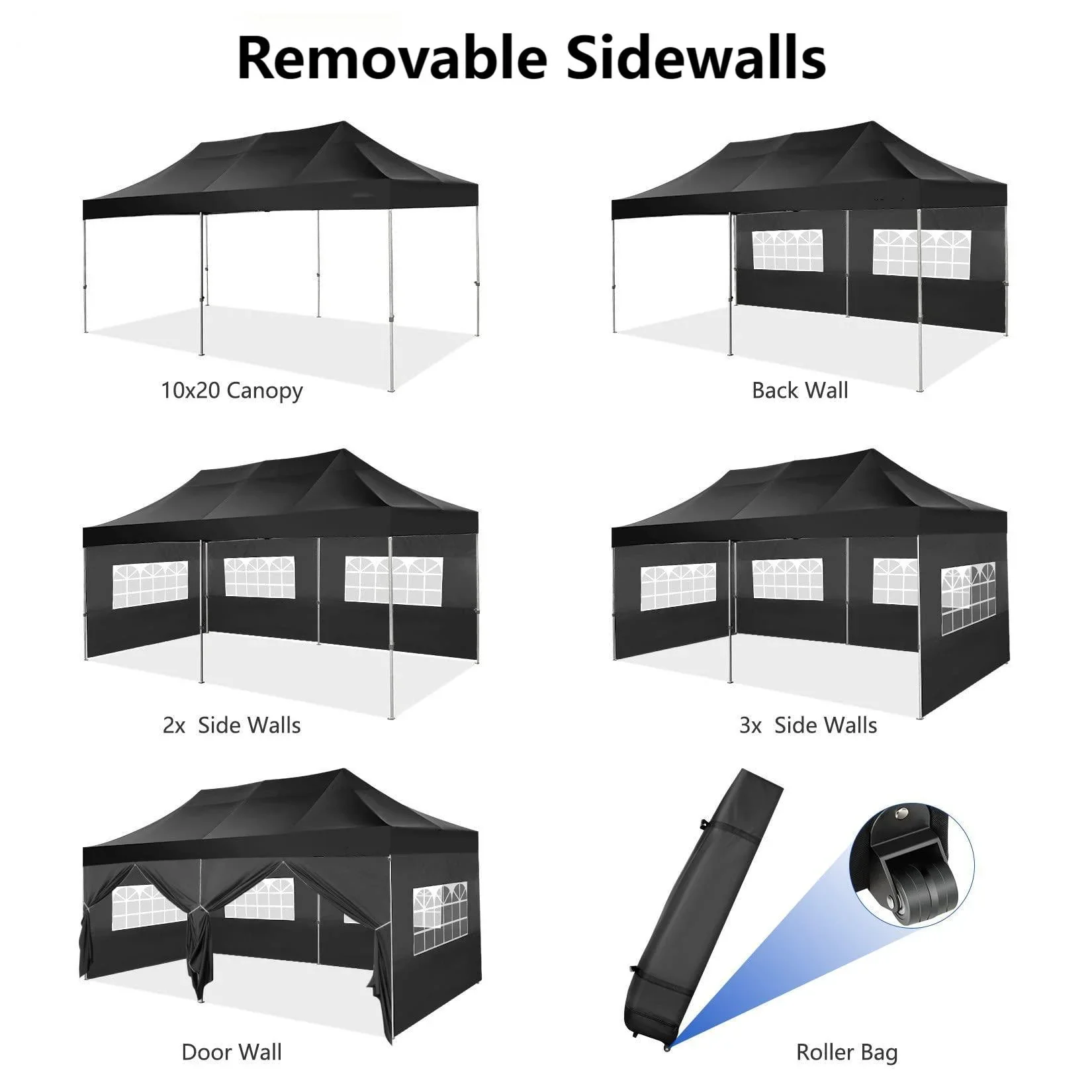 COBIZI 10x20 Heavy Duty Pop up Canopy Tent with 6 sidewalls Easy Up Commercial Outdoor Canopy Wedding Party Tent for Beach All Season Wind & Waterproof Gazebo with Roller Bag,Black(Frame Thickened)