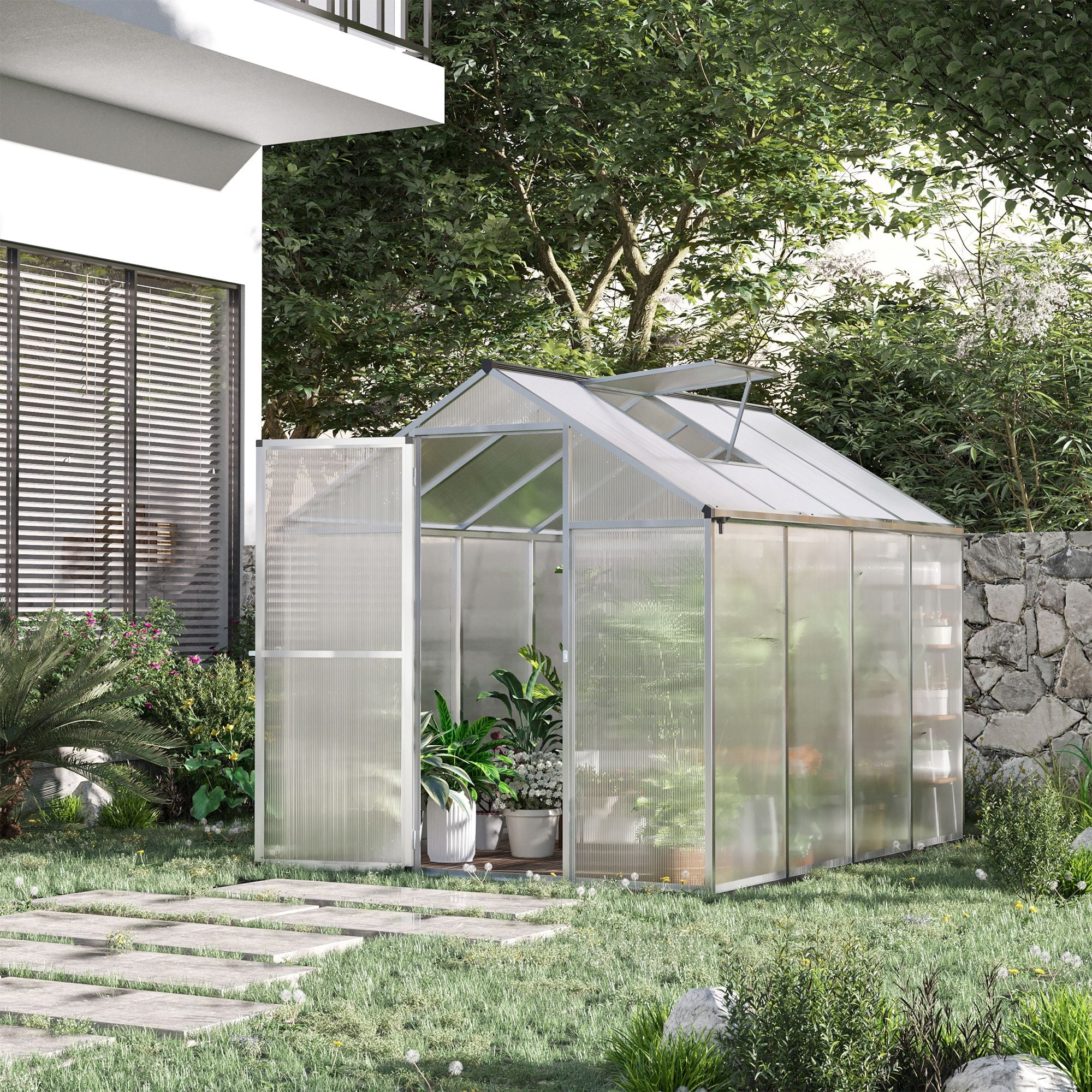 Outsunny Walk-in Garden Greenhouse Polycarbonate Panels Plants Flower Growth Shed Cold Frame Outdoor Portable Warm House Aluminum Frame