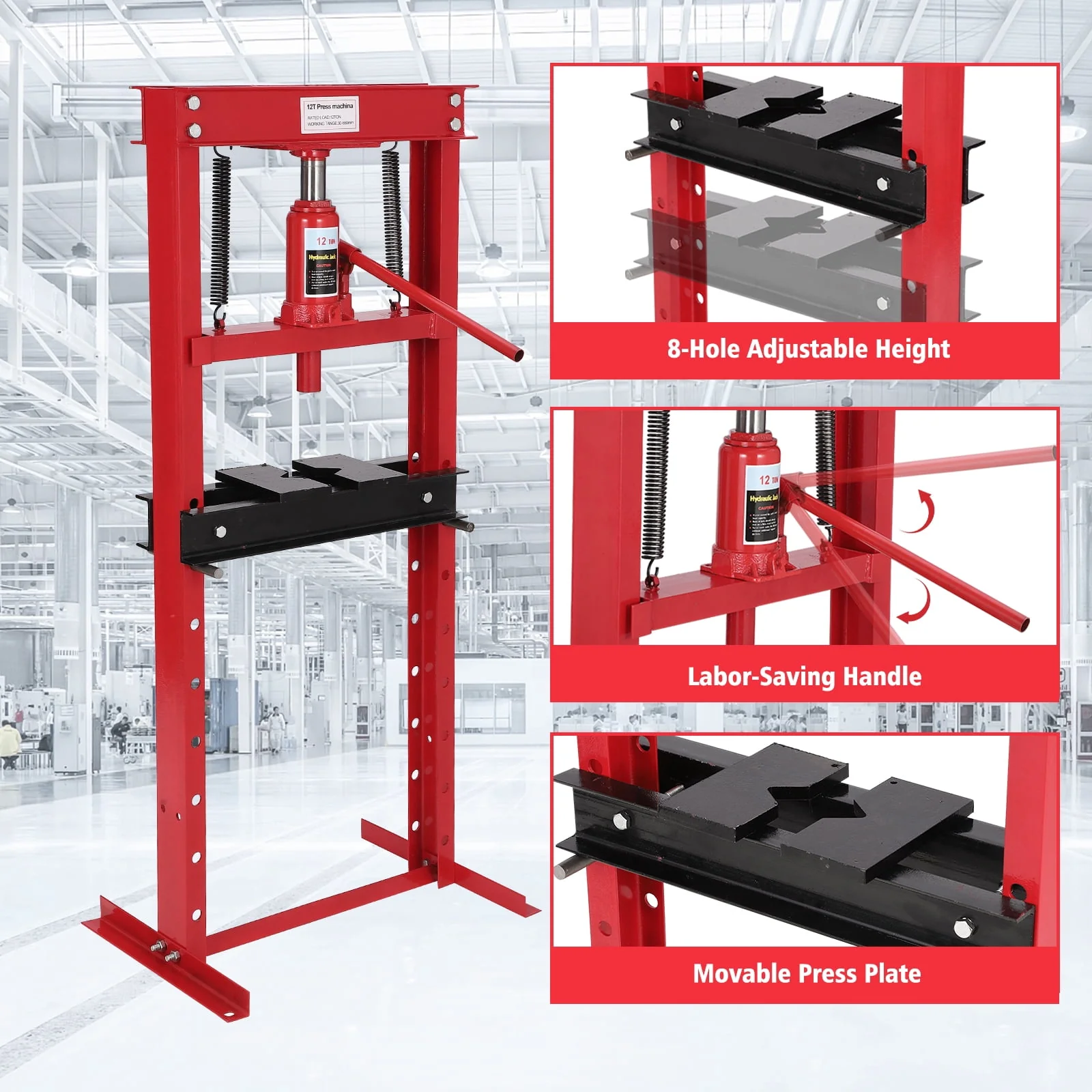 12 Ton Hydraulic PressBenchtop Hydraulic Shop PressH-Frame Garage Floor Press with Press PlatesAdjustable Working Table HeightRed