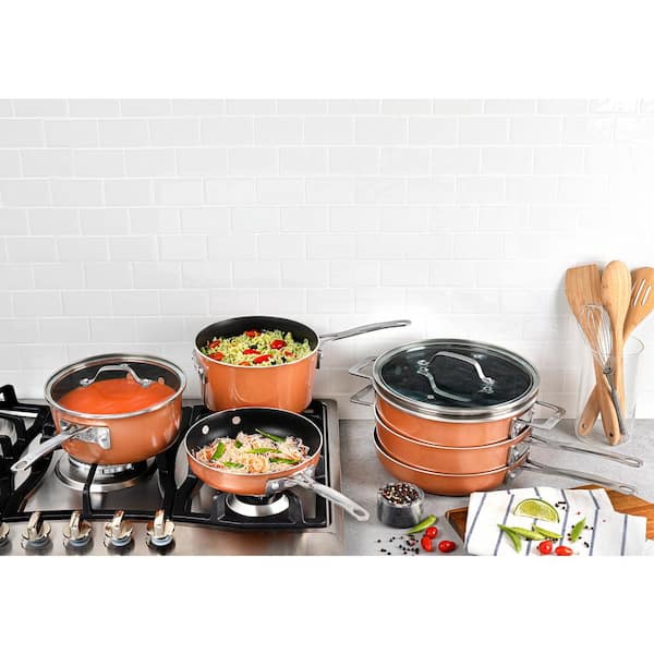 StackMaster 21- Piece Aluminum Cast Textured Ceramic Nonstick Cookware and Bakeware Set with Utensils