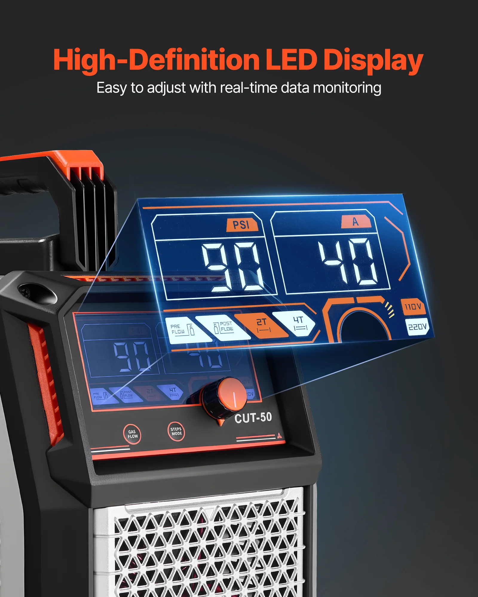 VEVOR Plasma Cutter, 50A Non-Touch Pilot Arc Plasma Cutting Machine, 110V/220V Dual Voltage Digital Display IGBT Inverter - with 2T/4T Function & Adjustable PA/PT Time