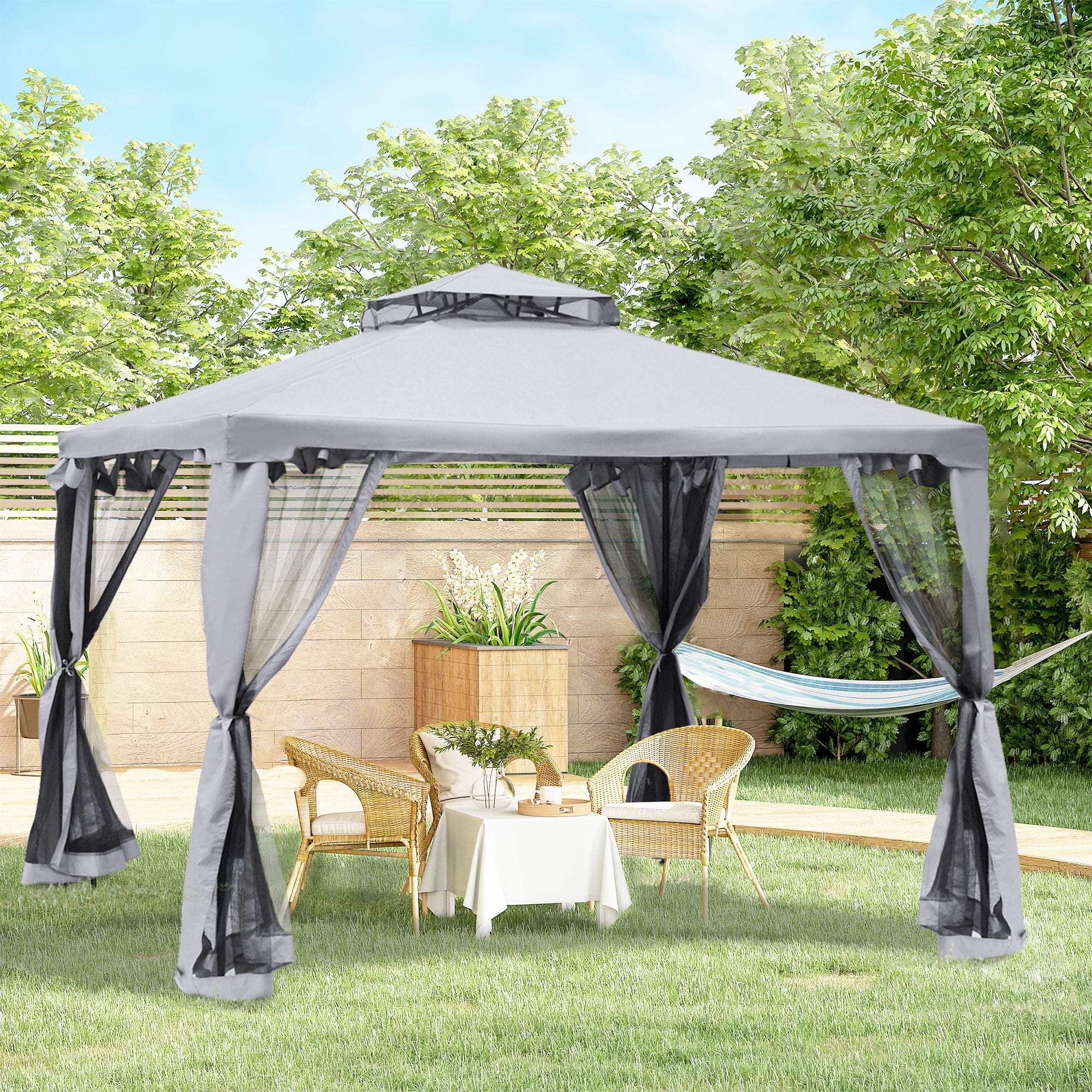 Outsunny 10' x 10' Patio Gazebo Outdoor Pavilion 2 Tire Roof Canopy Grey