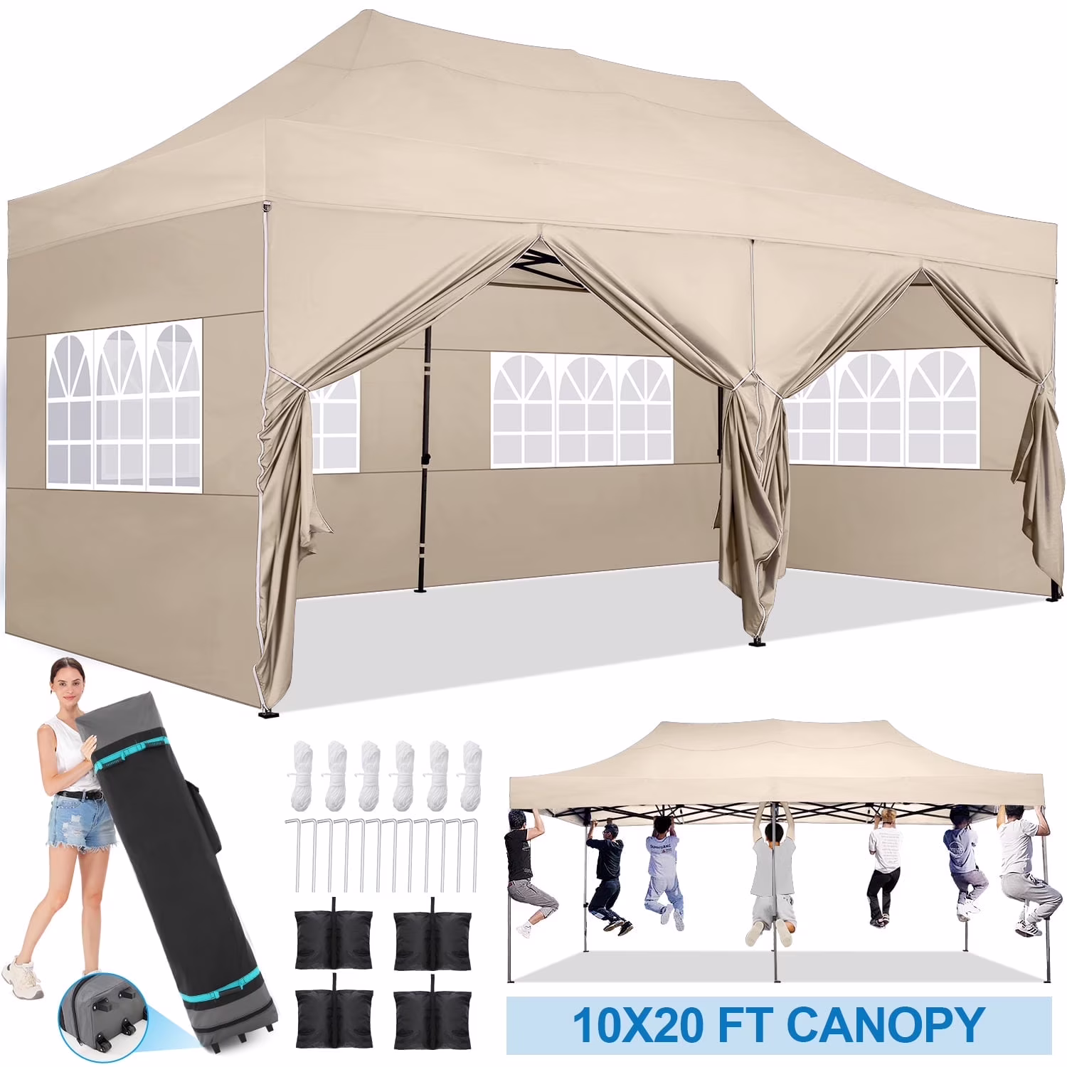 SANOPY 10'x20' Pop Up Canopy Waterproof Folding Tent Outdoor Easy Set-up Instant Tent Heavy Duty Commercial Wedding Party Shelter with 6 Removable Sidewalls, 4 Sandbags, Roller Bag, Black