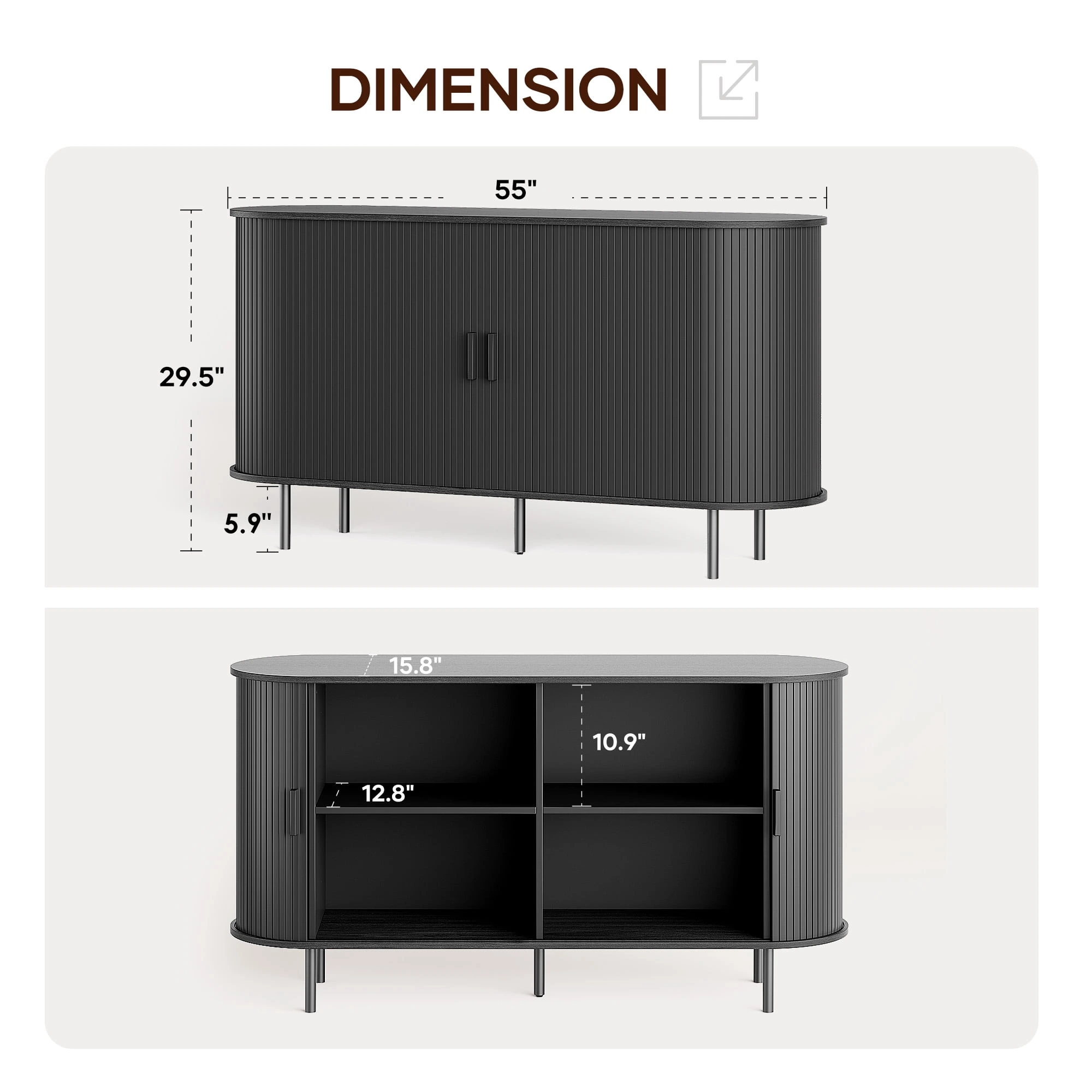 MARNUR Sideboard Buffet Cabinet 55" Storage Cabinet with 2 Sliding Tambour Doors, Adjustable Shelves for Kitchen Office Bedroom Hallway Entryway