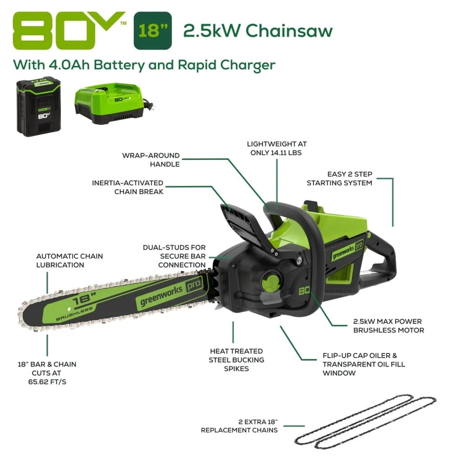Greenworks 80V 18" Gen II Chainsaw, 4.0Ah Battery and Rapid Charger Included