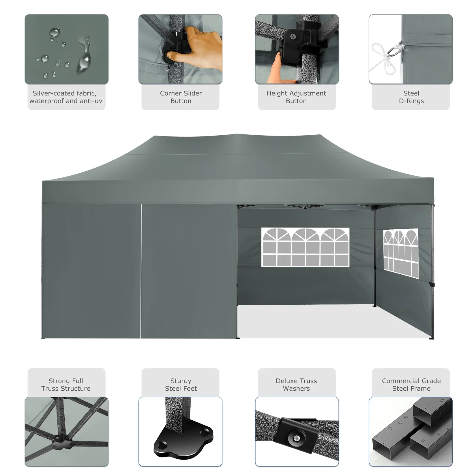 SANOPY 10'x20' Pop Up Canopy Waterproof Folding Tent Outdoor Easy Set-up Instant Tent Heavy Duty Commercial Wedding Party Shelter with 6 Removable Sidewalls, 4 Sandbags, Roller Bag, Black