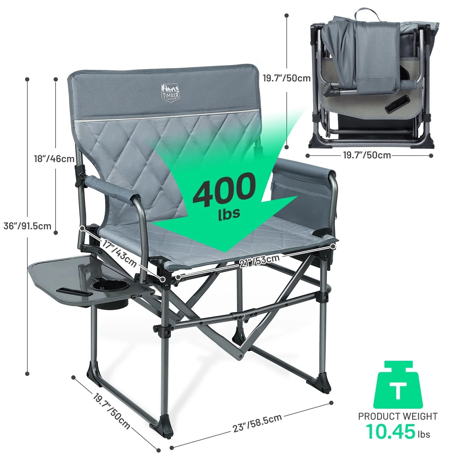 TIMBER RIDGE Portable Director Chair, Heavy Duty Camping Folding Chair with Compact Size with Side Pocket and Side Table, Support 400 lbs, Grey
