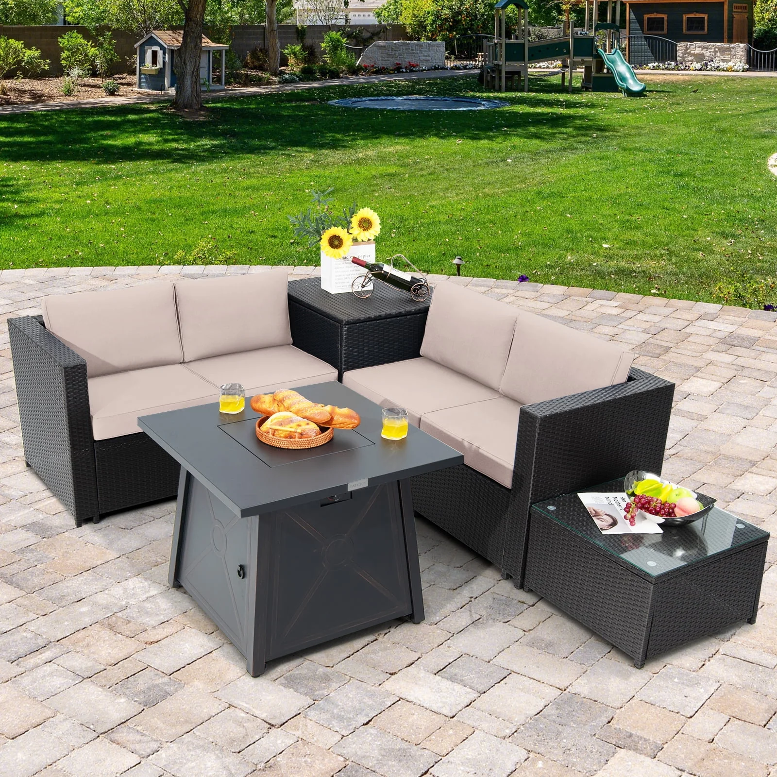 Patiojoy 5-Piece Outdoor Patio Furniture Set with 50,000 BTU Propane Fire Pit Table Patio PE Wicker Conversation Set with Cushions Storage Box and Tempered Glass Coffee Table Beige